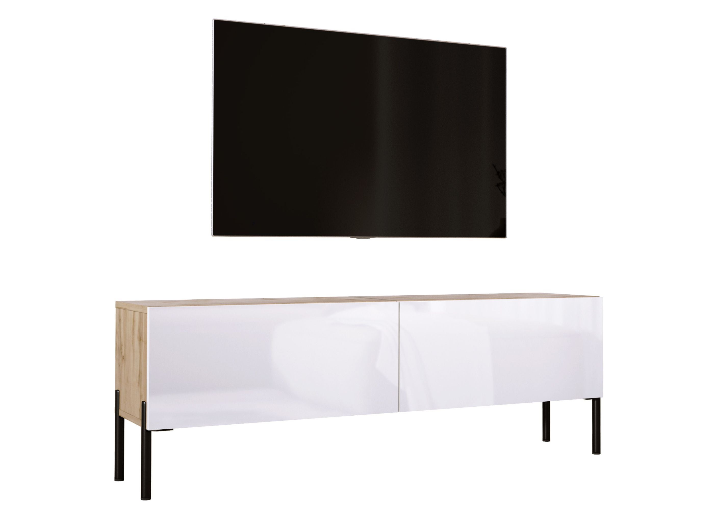 Szafka RTV: Dąb Wotan / Biały Połysk, nogi czarne, 140 x 52 x 32 cm