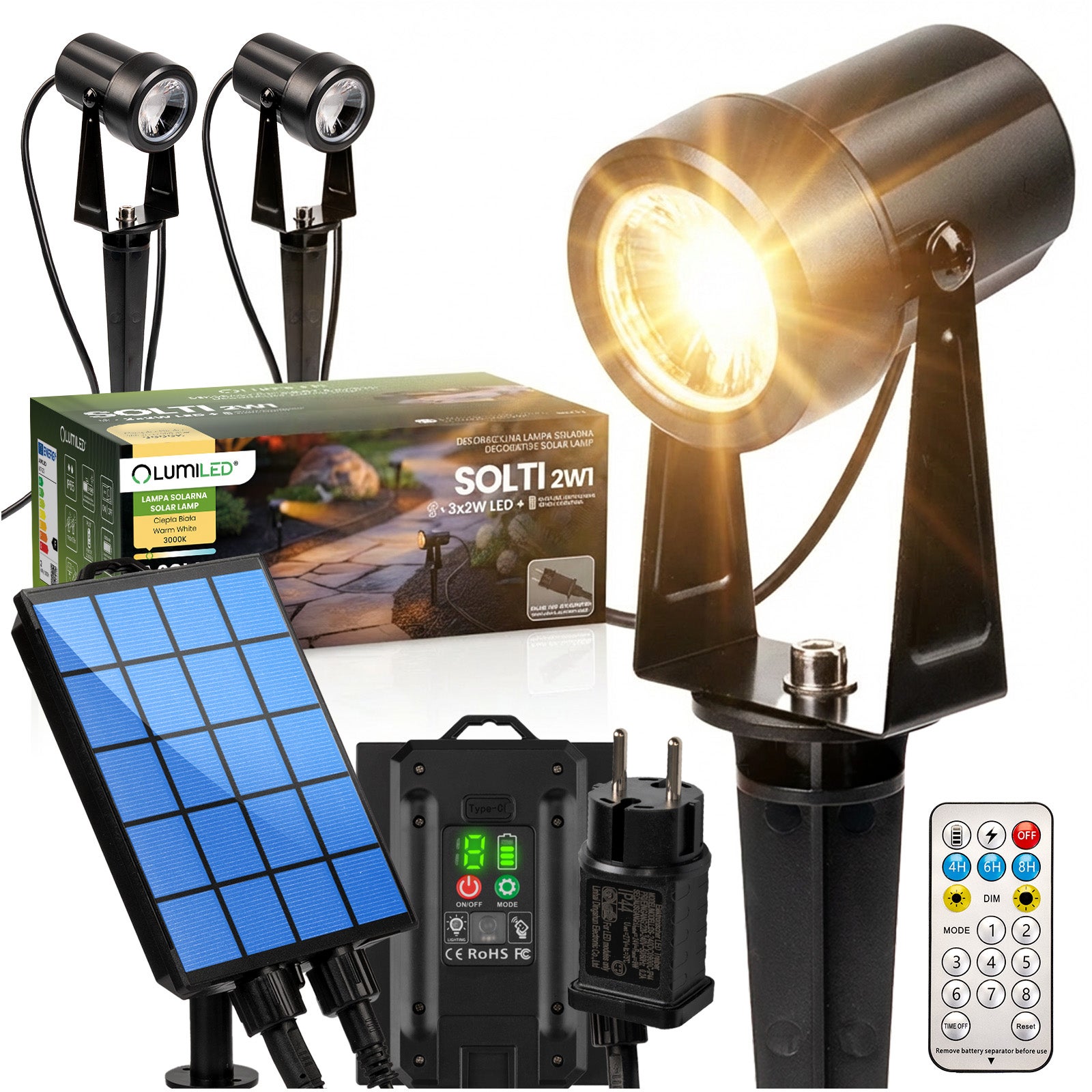 Lampa Solarna Wbijana Ogrodowa Lampki 3x LED 3000K Ciepła biel Reflektor 11m z Pilotem Lumiled
