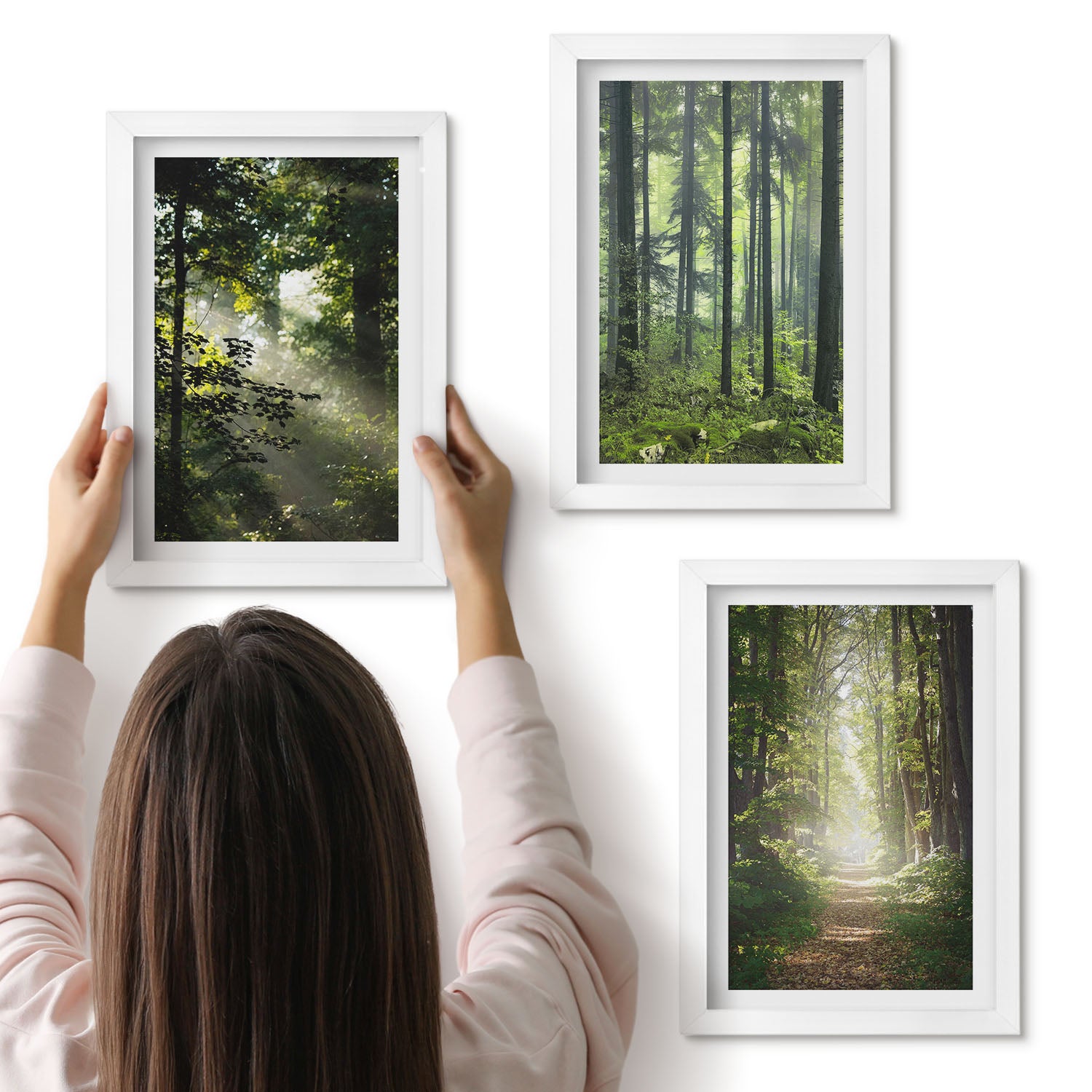 Galeria ścienna 3-częściowy komplet obrazów w białych ramach - Zielone lasy z promieniami światła i leśną ścieżką - ArtPrintCave
