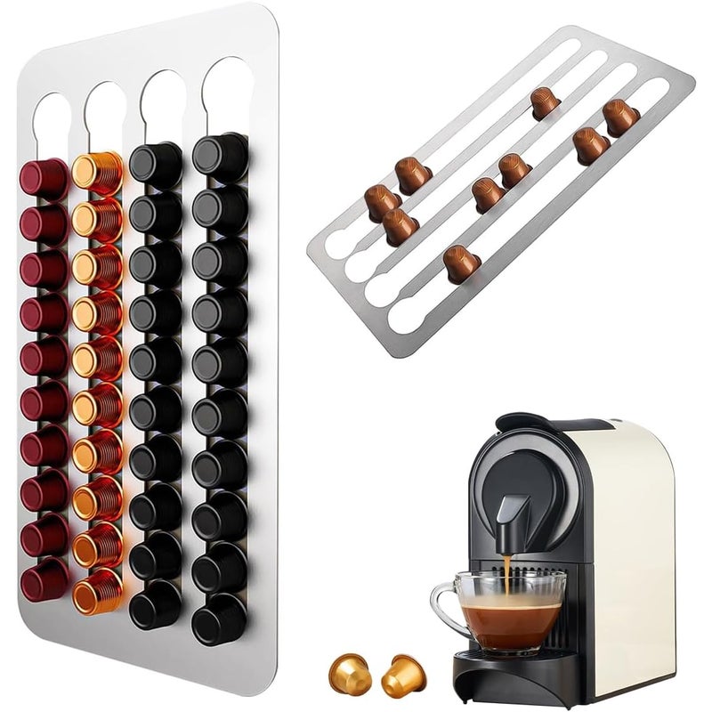 Stojak na kapsułki do kawy Nespresso, 40,5 x 22 cm, ze stali nierdzewnej, z taśmą samoprzylepną 3M, do przechowywania 40 kapsułek.