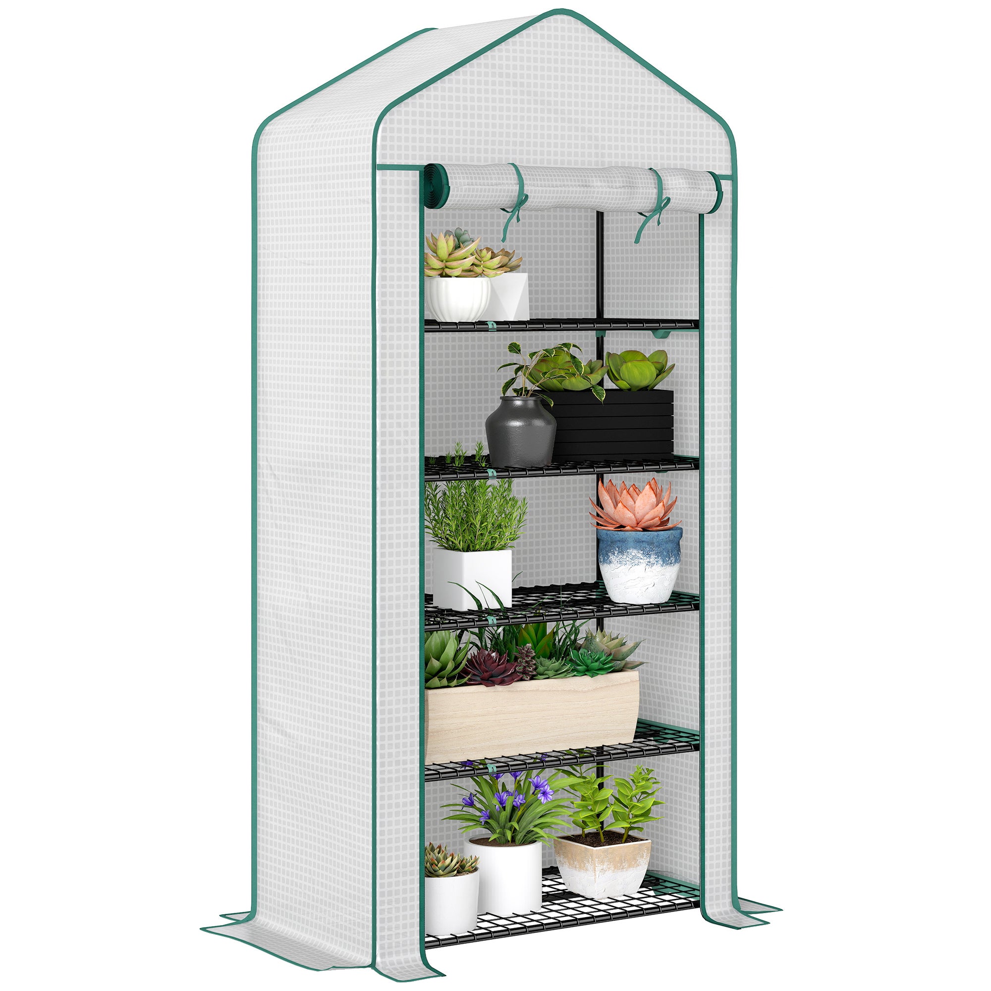 5-piętrowa mini szklarnia 193x90x49 cm, biała, wzmocniona PE, drzwi zwijane, półki druciane – przenośna, do wnętrz i ogrodu.
