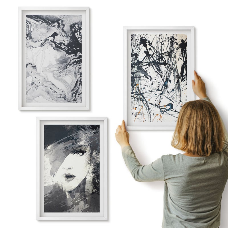 Galeria ścienna 3-częściowy komplet obrazów w białych ramach - Abstrakcyjne wzory w odcieniach czerni i bieli - ArtPrintCave