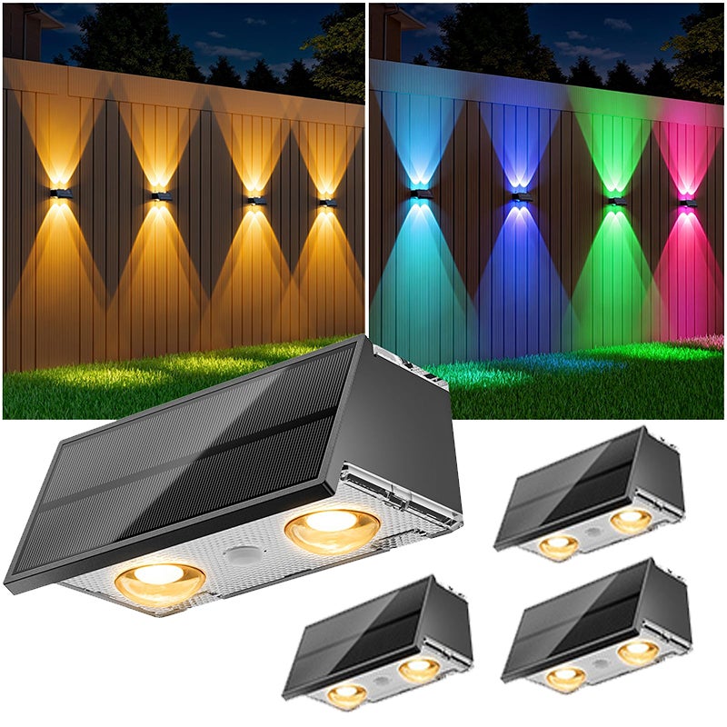 Zestaw 4 zewnętrznych, wodoodpornych lamp ściennych RGB, oświetlenie solarne ogrodzenia, dekoracyjne oświetlenie ścienne do domu