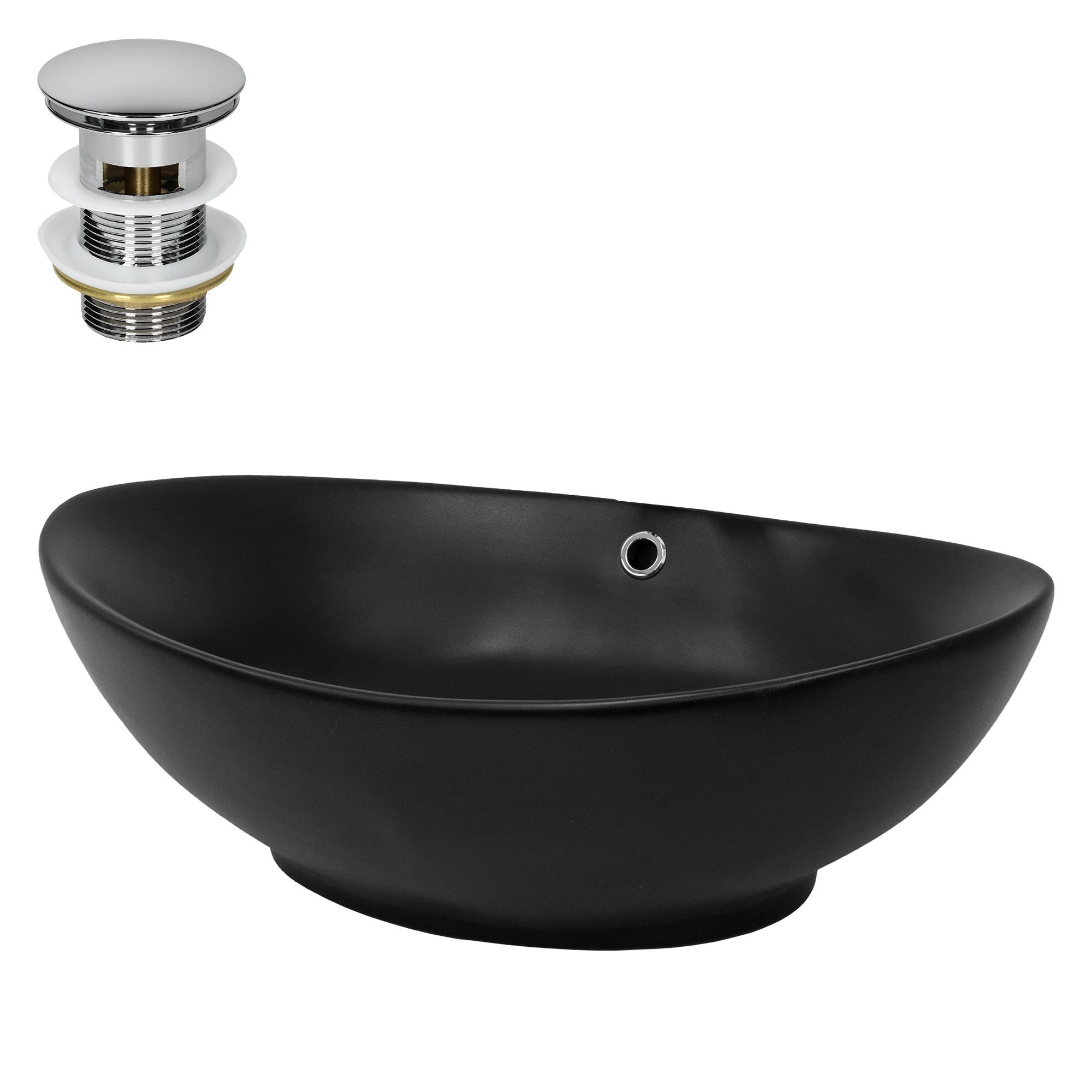 ML-Design Umywalka Ceramic Black Matt 59x38x19 cm wraz z zestawem odplywowym, Owalna umywalka nablatowa z przelewem, Nowoczesna umywalka Miejsce na
