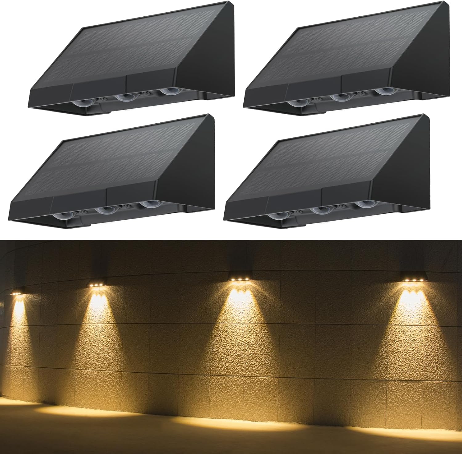ZMH Zestaw 4 zewnętrznych lamp solarnych ściennych LED 3000K ciepła biel 2 tryby do ogrodu/balkonu
