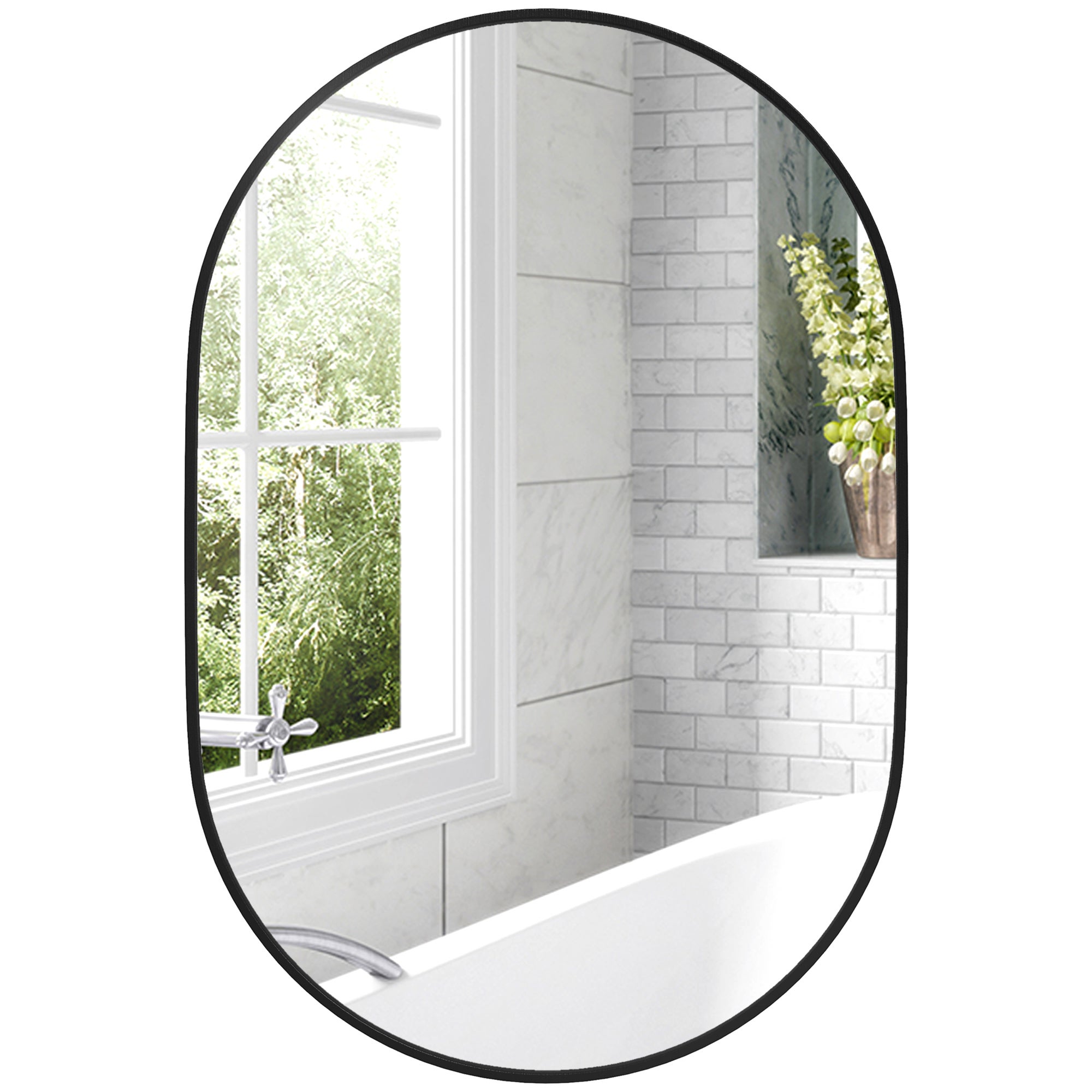 Dekoracyjne owalne lustro łazienkowe 60 x 90 cm z aluminiową ramą do salonu, montaż poziomy lub pionowy, kolor czarny