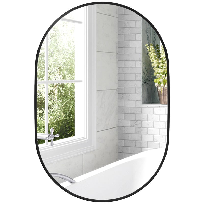 Dekoracyjne owalne lustro łazienkowe 60 x 90 cm z aluminiową ramą do salonu, montaż poziomy lub pionowy, kolor czarny