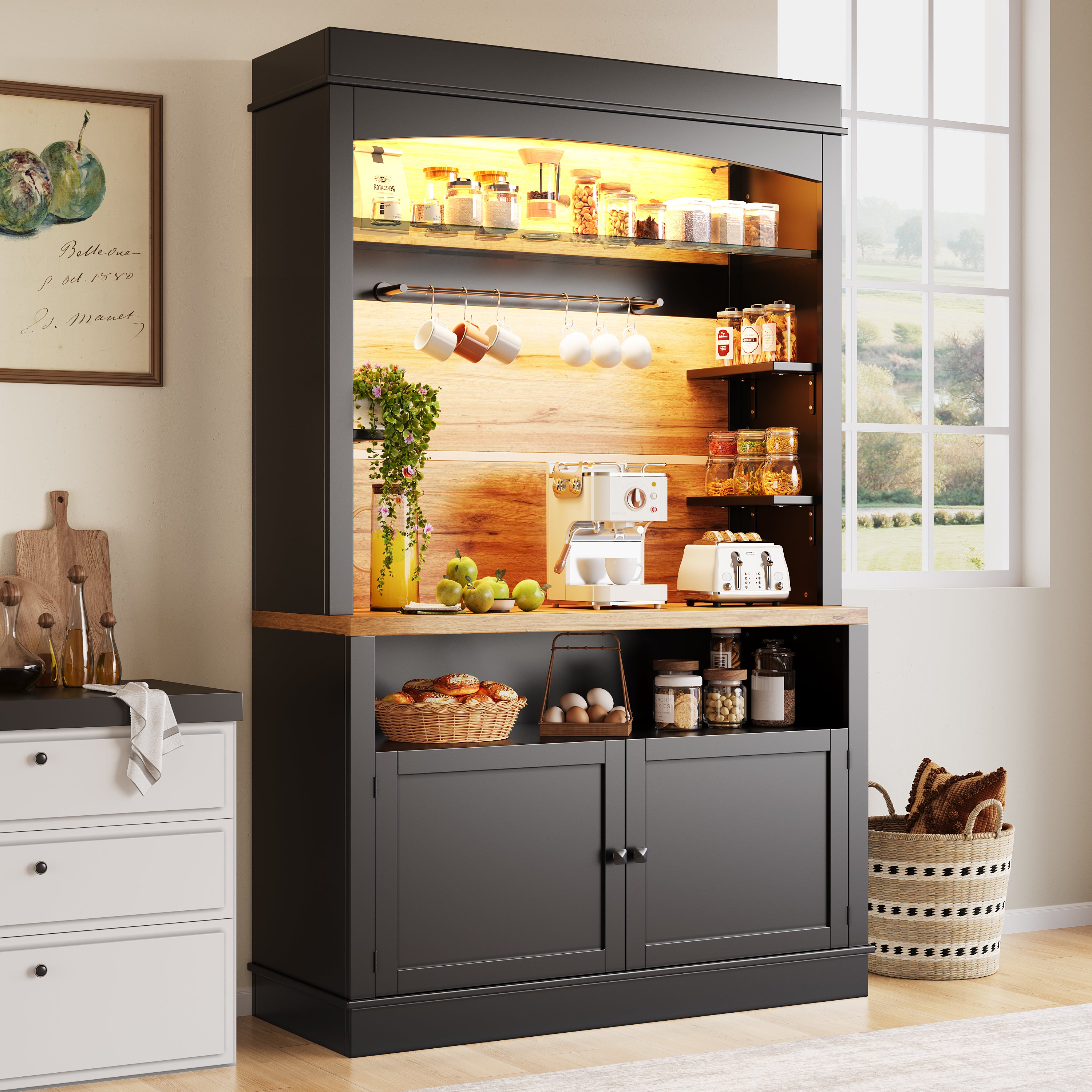 Kredens kuchenny z 2 drzwiami i półkami do przechowywania - 107 x 43 x 184 cm - LED - Czarny