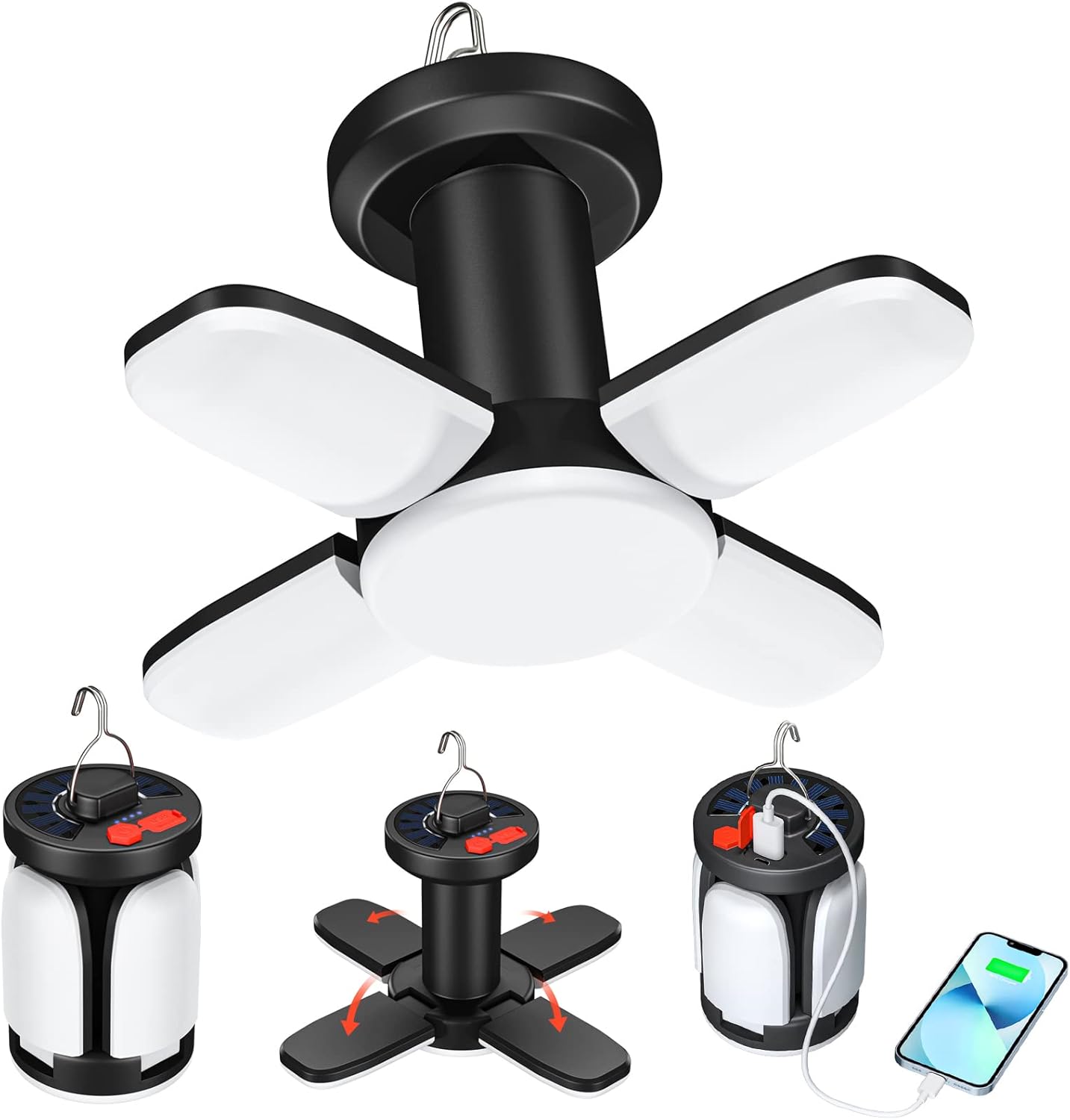 Latarka kempingowa LED 4500 mAh, lampa solarna, ładowana przez USB, 6 trybów oświetlenia, składana, 360°, SOS, wodoodporna, IPX5