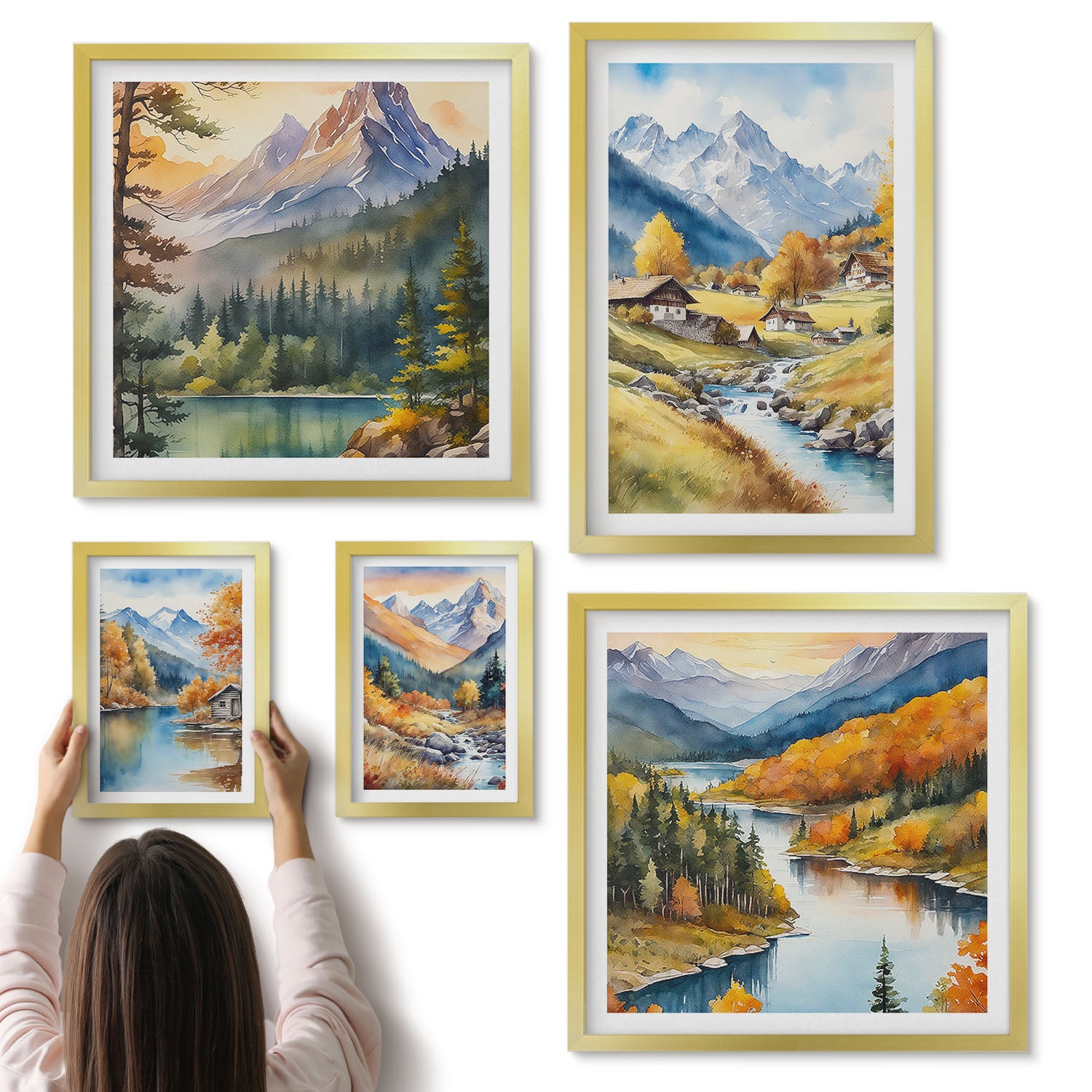 Galeria ścienna 5-częściowy komplet obrazów w złotych ramach - Górskie pejzaże z malowniczymi dolinami i rzekami - ArtPrintCave