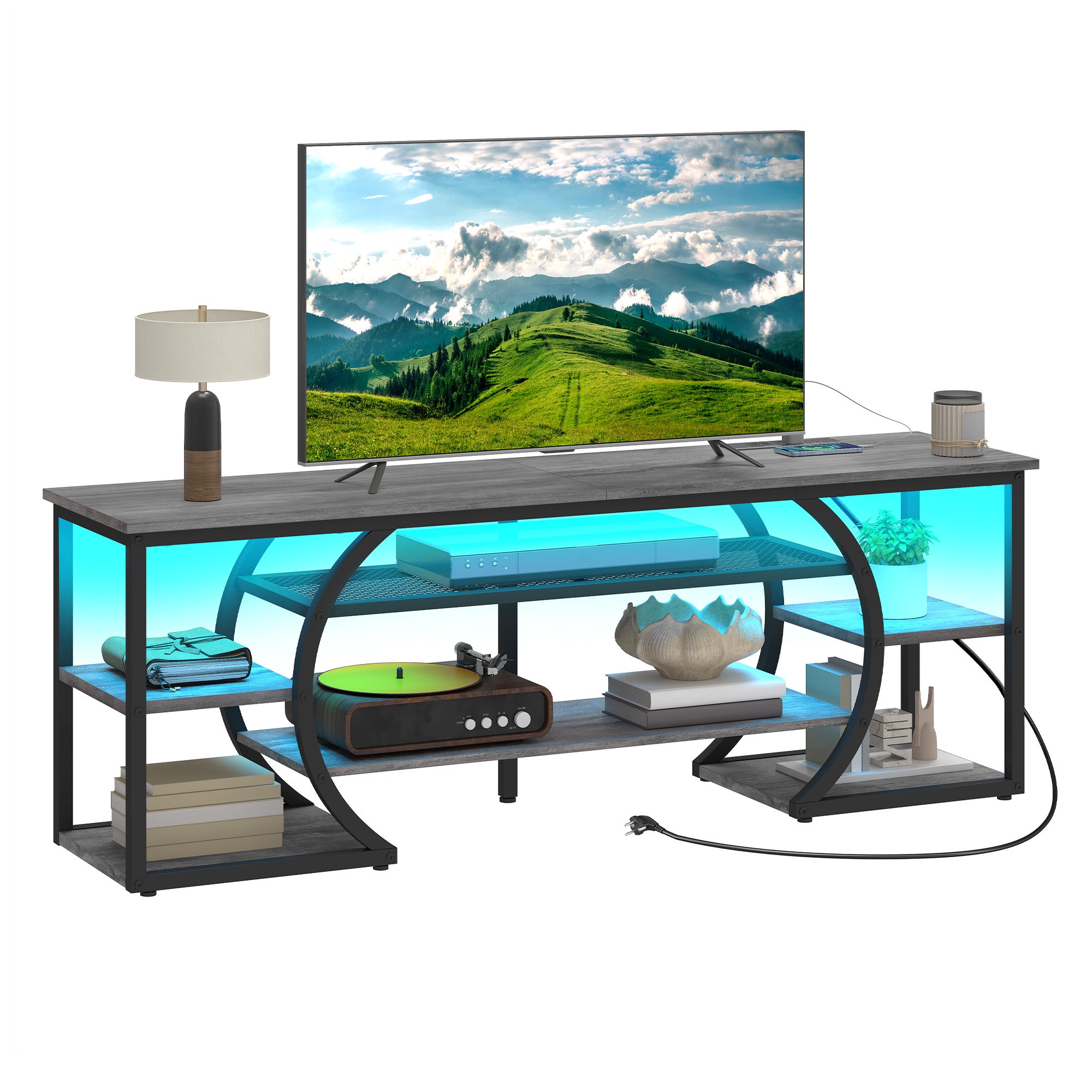 Szafka RTV YITAHOME 160 cm, 2 gniazdka AC, 2 USB, do TV do 70", 7 LED RGB, 22 tryby, centrum rozrywki, do salonu, sypialni, szara rustykalna