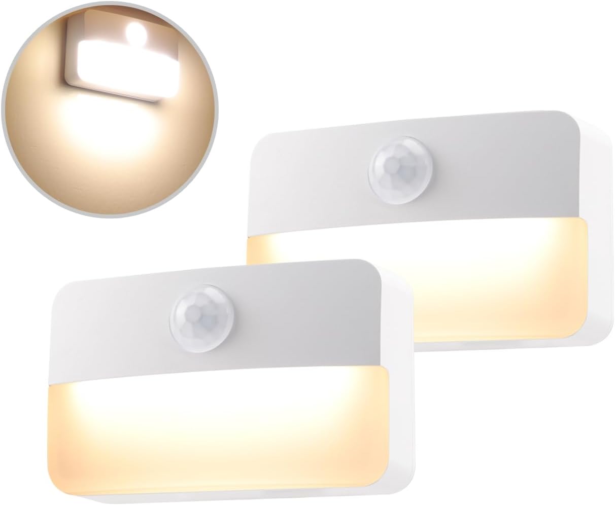 Lampka nocna z czujnikiem ruchu, 2 diody LED do szafek, oświetlenie akcentujące zasilane bateryjnie, ciepła biel 3000K, czujnik światła