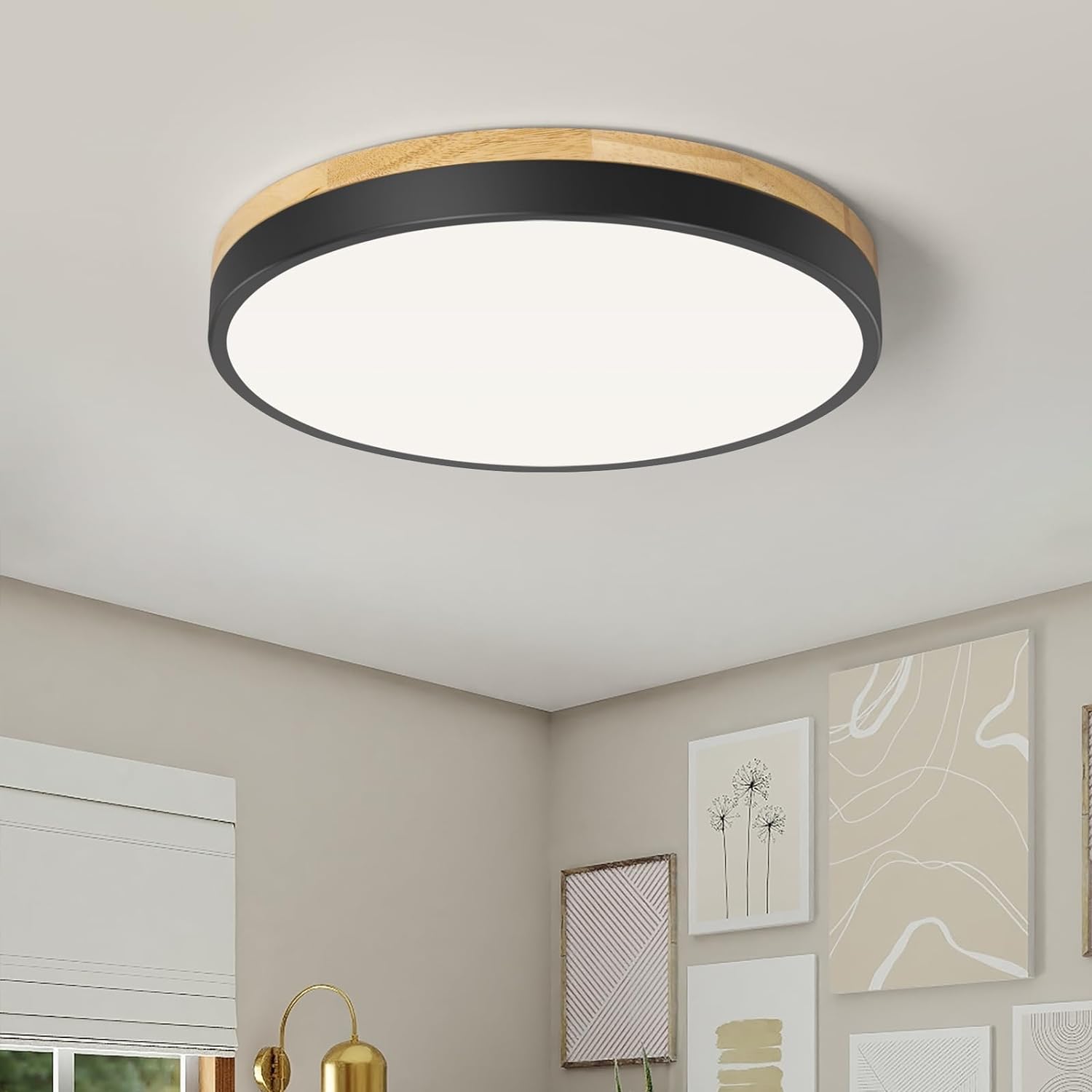 Czarna lampa sufitowa LED, drewniana okrągła, 30 cm, 24W, 4000K, do sypialni i przedpokoju