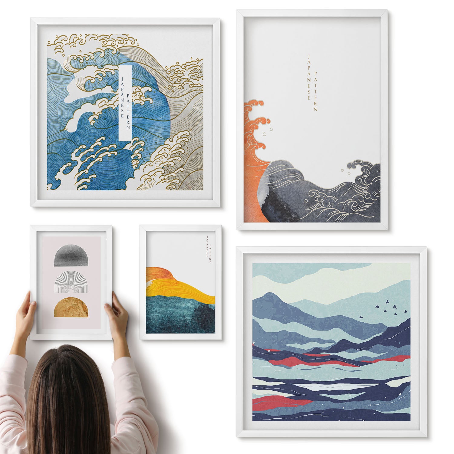 Galeria ścienna 5-częściowy komplet obrazów w białych ramach - Styl japoński fale góry abstrakcyjne wzory dekoracyjne - ArtPrintCave