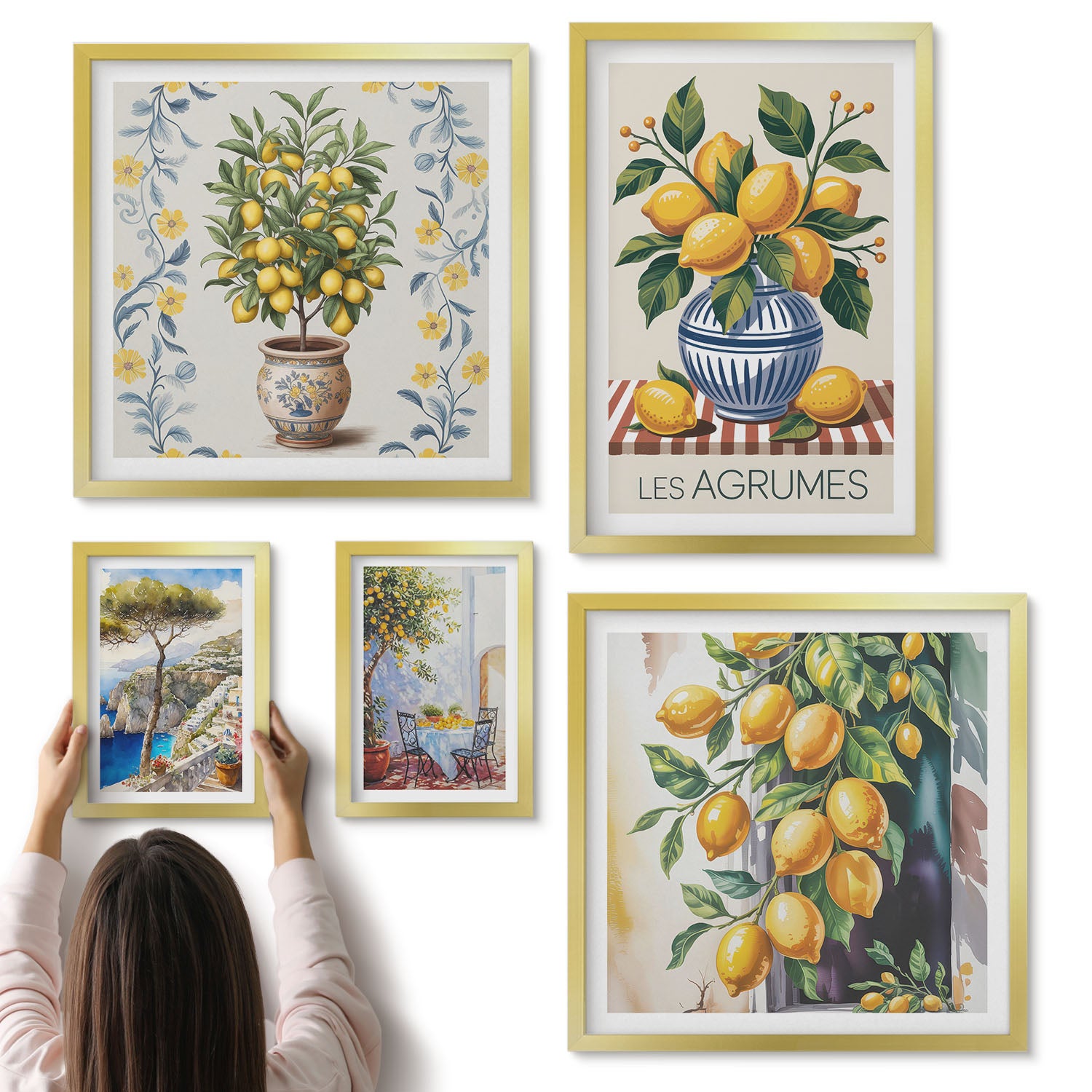 Galeria ścienna 5-częściowy komplet obrazów w złotych ramach - Cytrusowe inspiracje w stylu śródziemnomorskim - ArtPrintCave