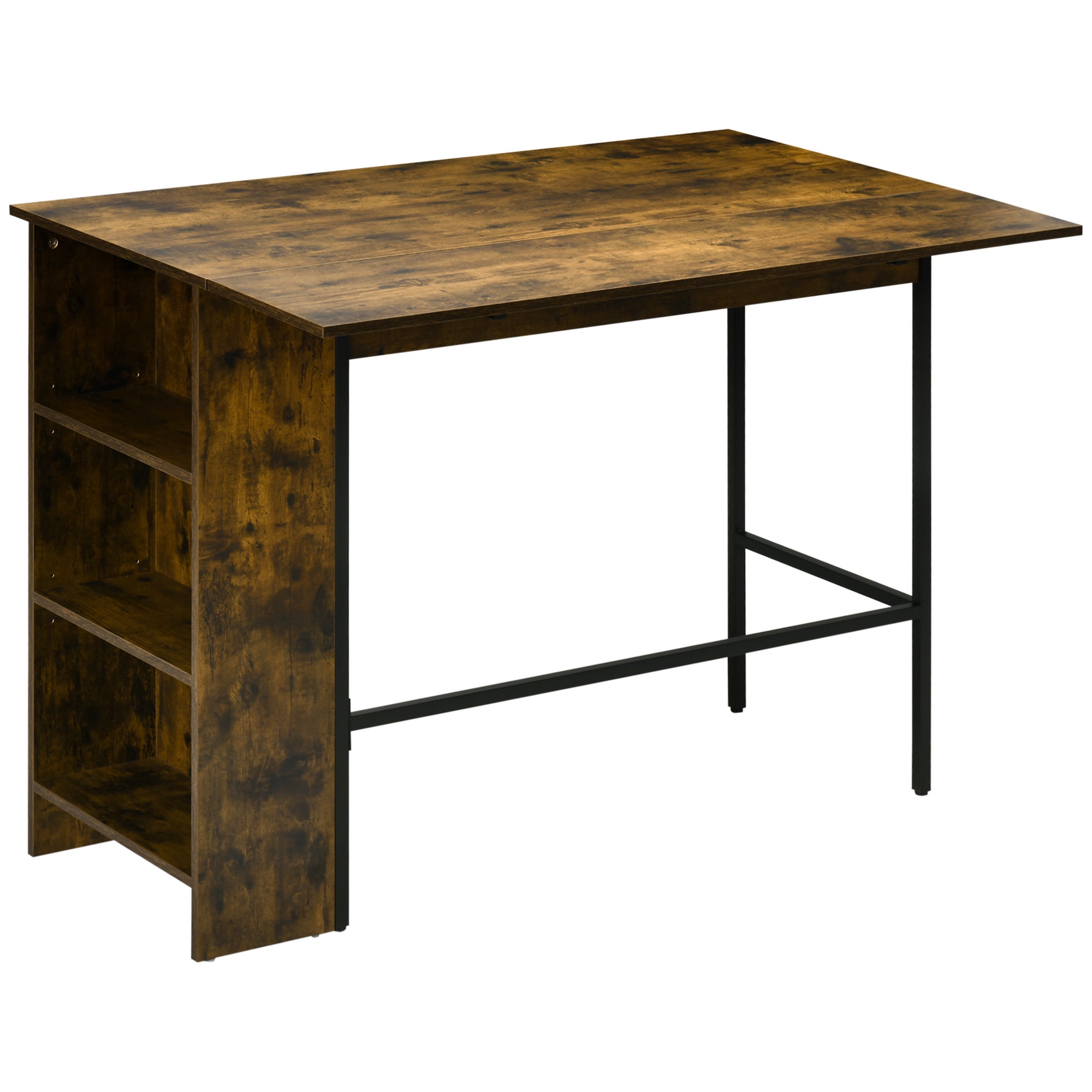 Centralny stolik barowy z wyspą, składanym panelem bocznym i 3 półkami, 120 x 76 x 91,4 cm, Rustykalny brąz