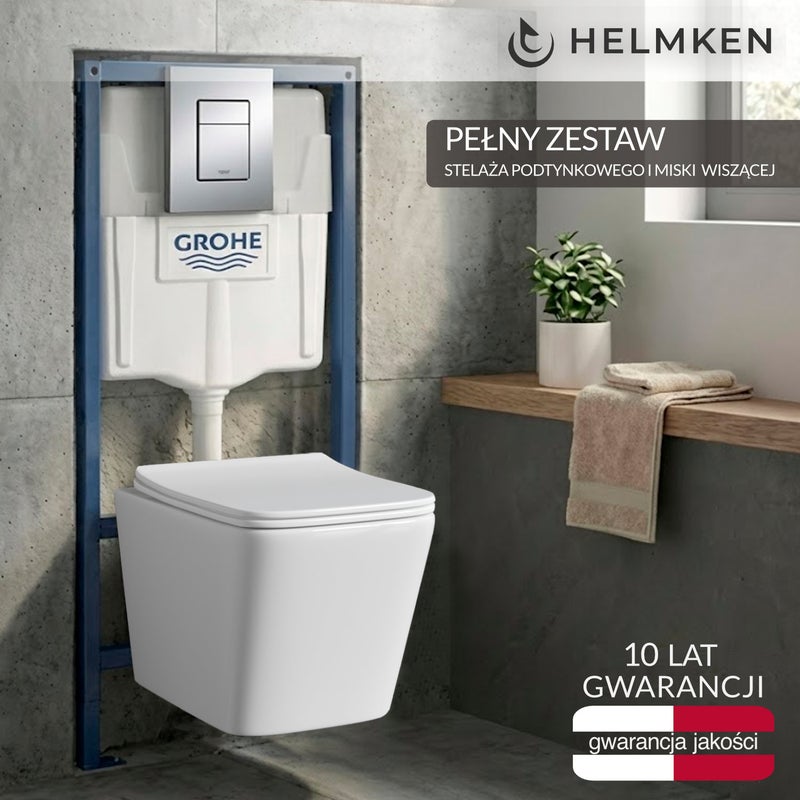 Zestaw podtynkowy WC 4w1: Stelaż Grohe, Chrom Przycisk 38772001, Miska bezkołnierzowa Helmken 35120001 (Biała), Deska wolnoopadająca duroplast