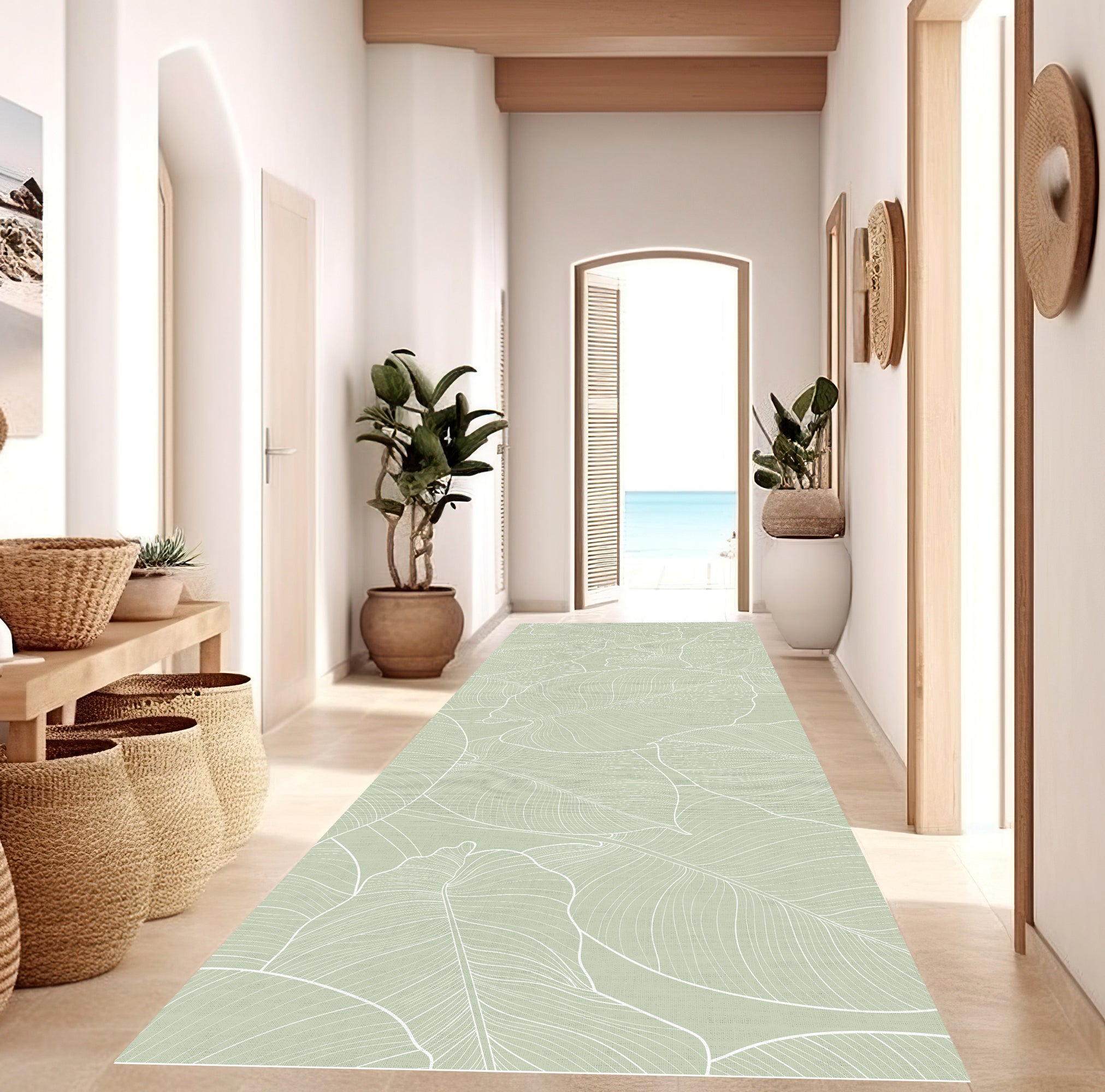Mata winylowa Green Leaves 66x250 cm - PVC antypoślizgowa, gładka mata winylowa do kuchni lub salonu, zmywalna