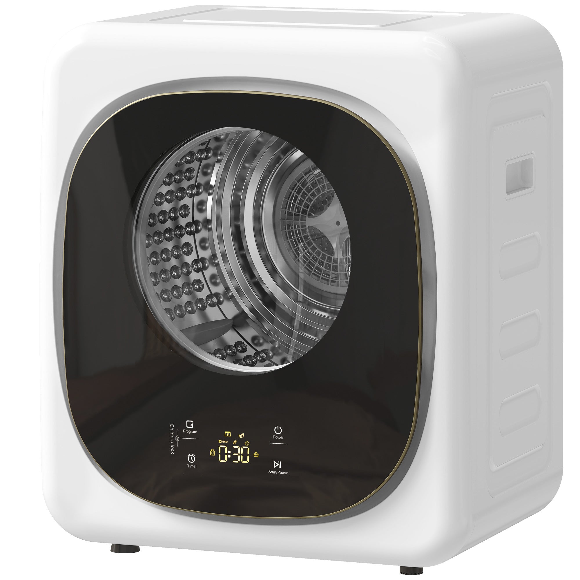 Przenośna mini suszarka bębnowa, pojemność 4 kg, 5 programów, 800 W, do 60 °C, timer, bęben ze stali nierdzewnej, do użytku domowego, kolor biały
