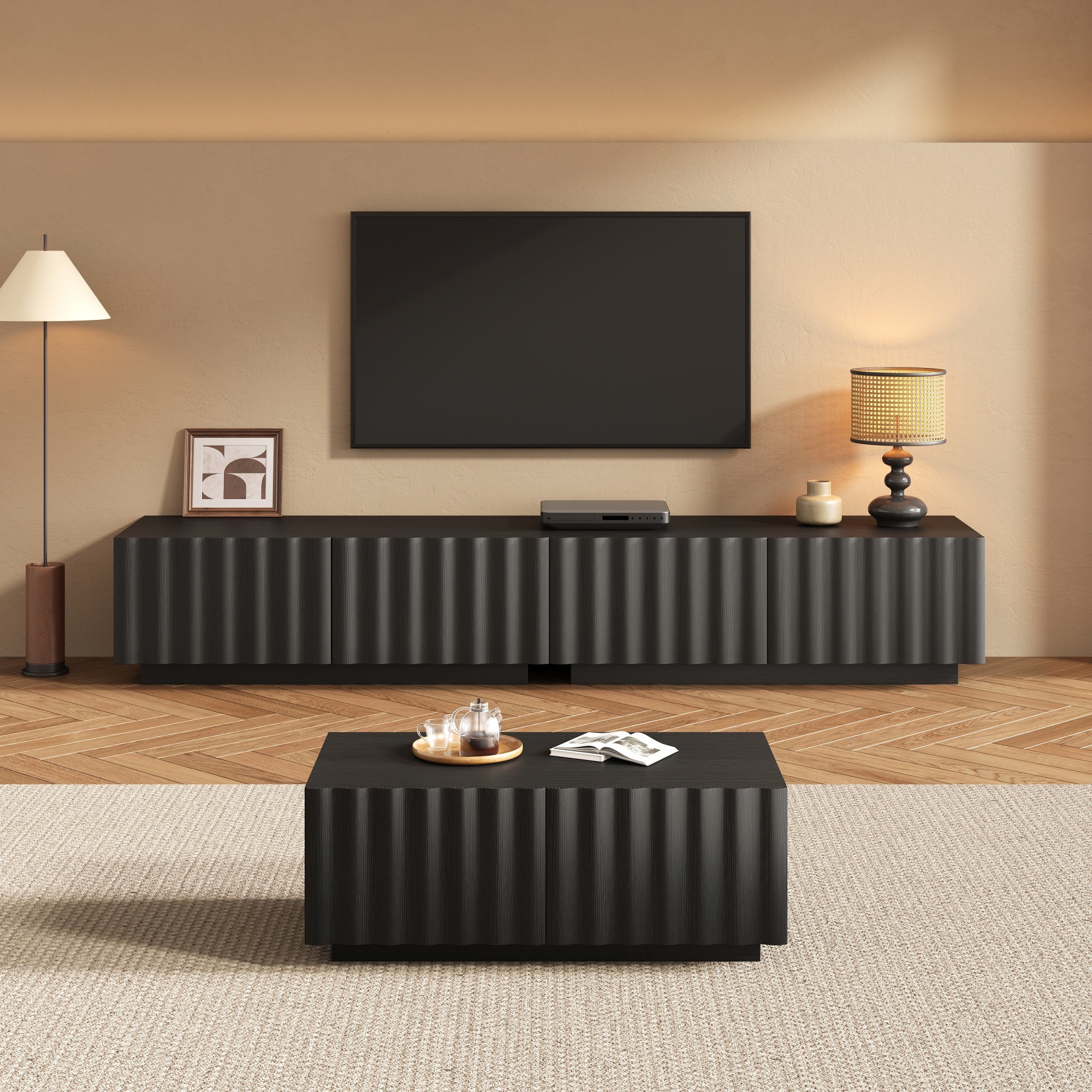 Zestaw stolika RTV i stolika kawowego z falistym wzorem 3D i 6 szufladami - 200 x 40 x 35 cm + 100 x 50 x 40 cm - Płyta MDF i płyta wiórowa - Czarny