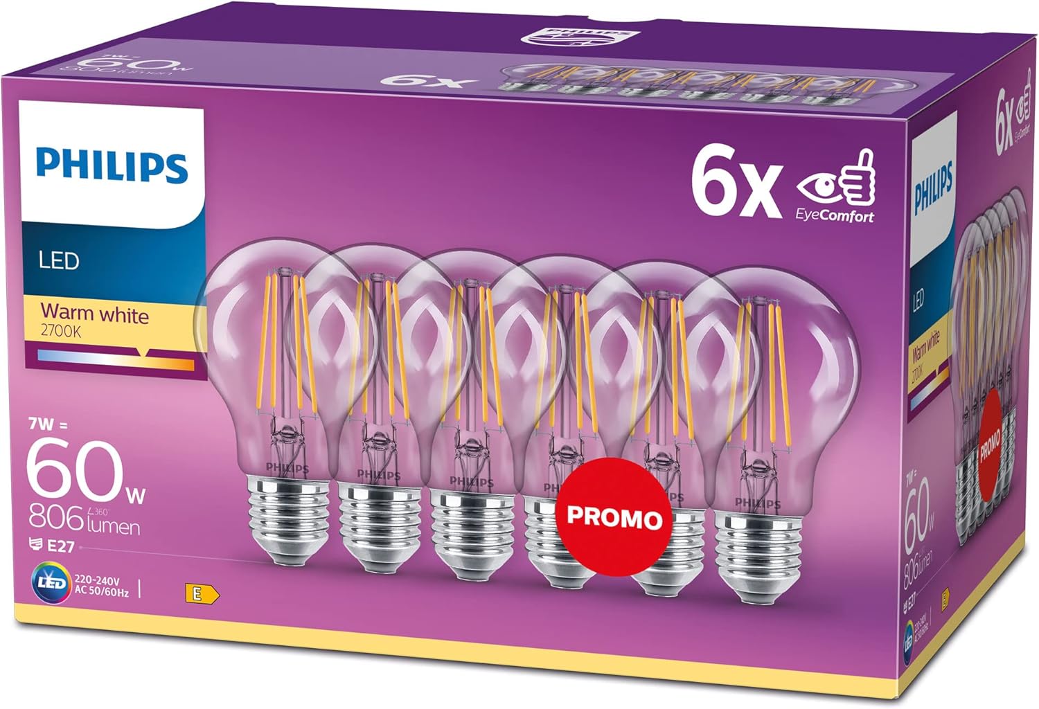 LATIO, zestaw 6 przezroczystych żarówek LED E27, odpowiednik 60 W, ciepła biel