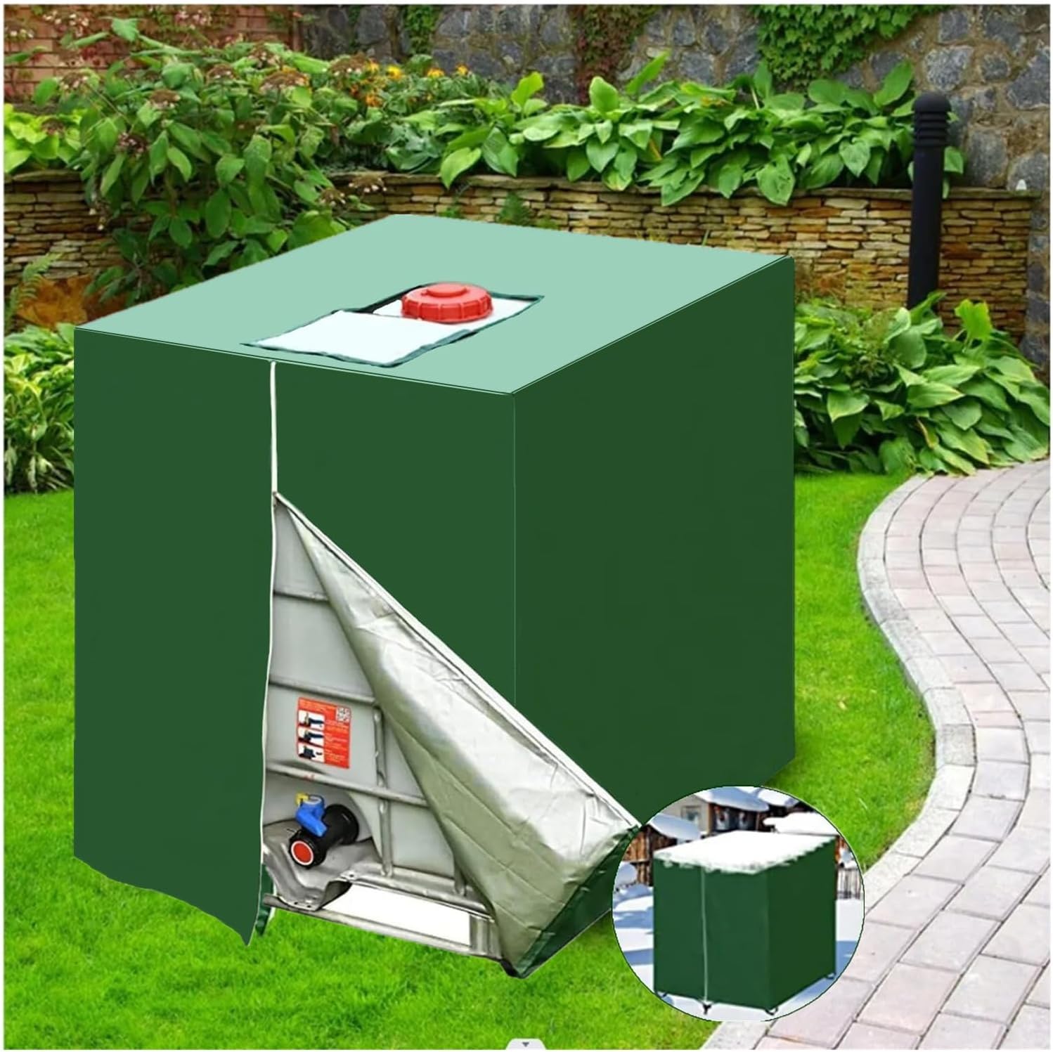 Pokrywa zbiornika 1000 l, osłona przeciwsłoneczna zbiornika na deszczówkę IBC, pyłoszczelna, anty-UV, 116 x 100 x 120 cm, zielona