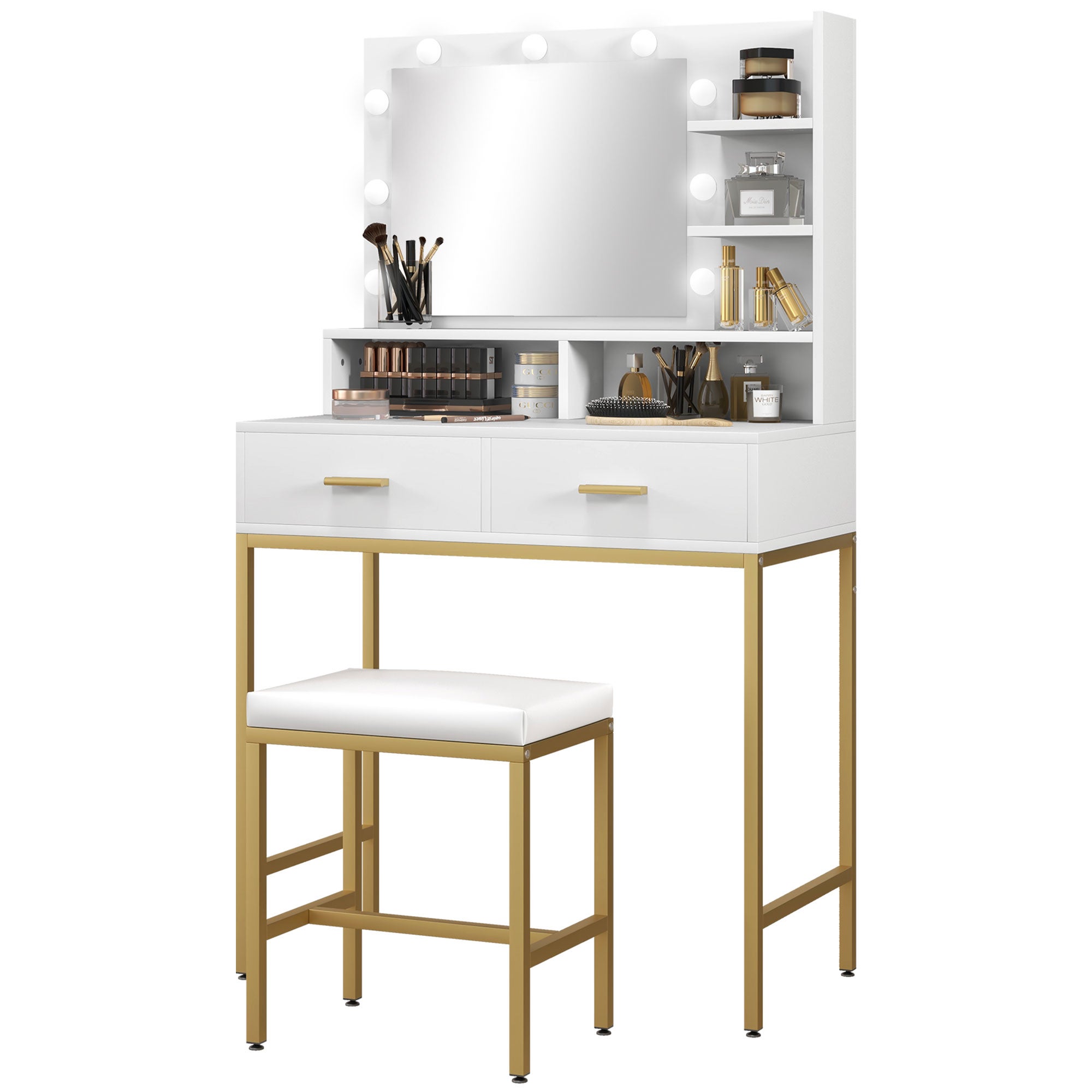 Toaletka z lustrem, 2 szufladami, 5 półkami i taboretem, wykonana z płyty MDF i płyty wiórowej, 80 x 40 x 138 cm, kolor biały