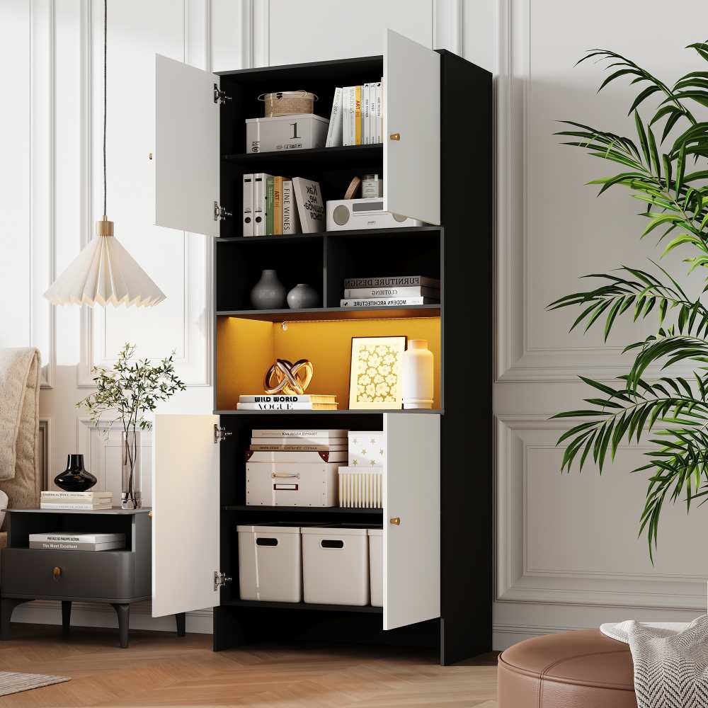Szafka wielofunkcyjna sideboard 4 drzwi 3 otwarte półki czarno-biała drewniana 80x40x185 cm do salonu sypialni kuchni nowoczesna