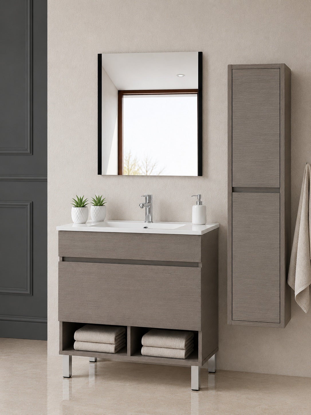 Szafka łazienkowa na nóżkach z umywalką ORIGENBATH NEBARI na nóżkach z szufladą z kolumną 60x35 cm dąb smoky z kolumną
