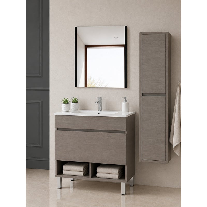 Szafka łazienkowa na nóżkach z umywalką ORIGENBATH NEBARI na nóżkach z szufladą z kolumną 60x35 cm dąb smoky z kolumną