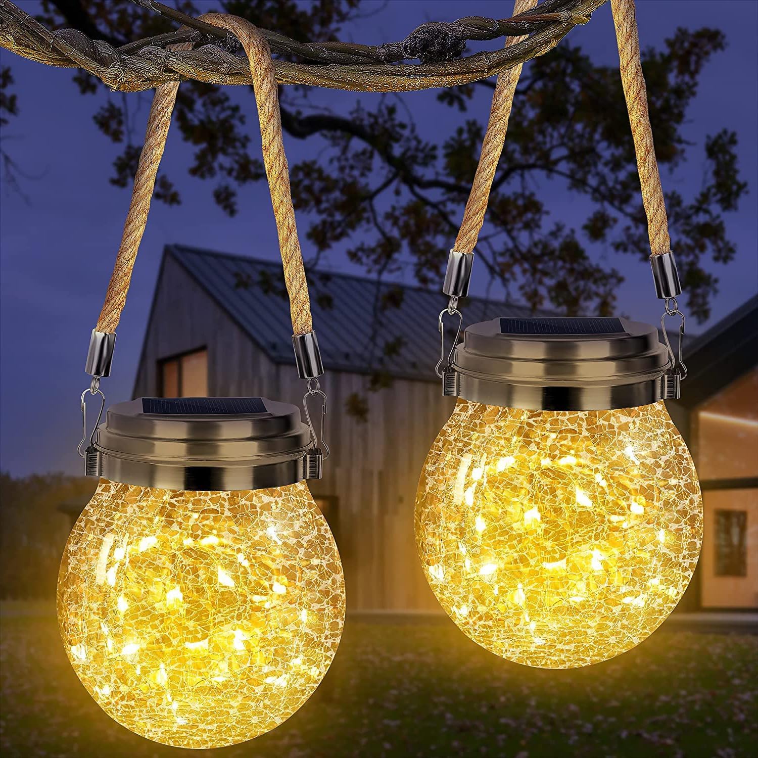 Lampiony solarne, zestaw 2 szt. w kształcie spękanej szklanej kuli, wiszące lampy solarne do ogrodu, wodoodporne lampiony zewnętrzne.