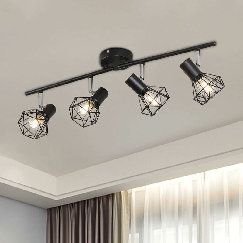 Lampa sufitowa LED z 4 regulowanymi i obrotowymi reflektorkami, styl retro industrialny, czarna metalowa klatka, lampy wiszące sufitowe, reflektorki
