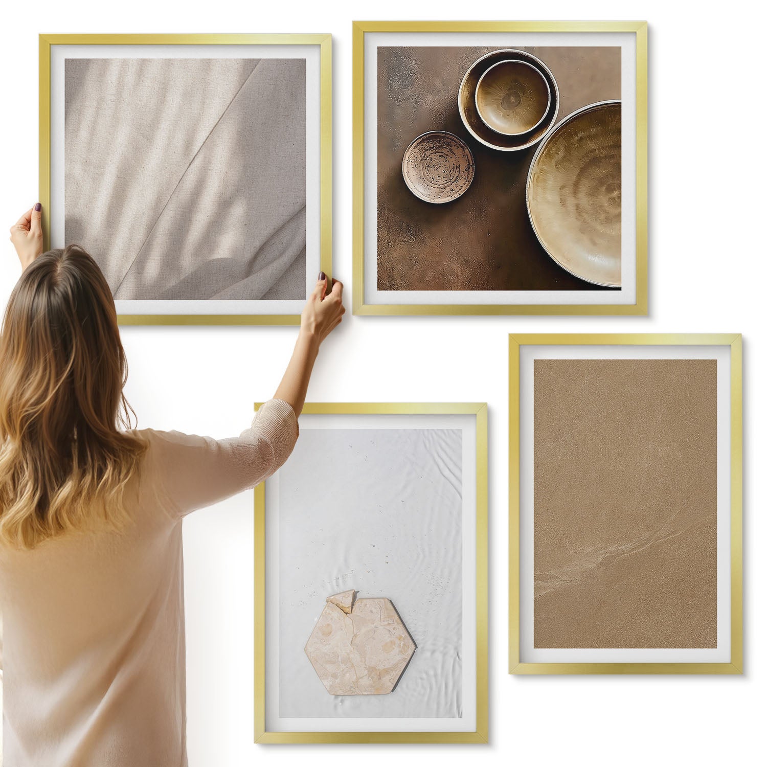 Galeria ścienna 4-częściowy komplet obrazów w złotych ramach - Minimalistyczne tekstury w ciepłych kolorach - ArtPrintCave