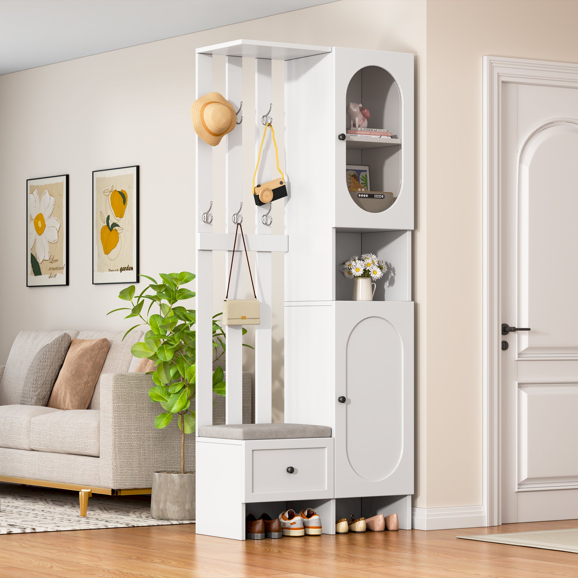 Zestaw mebli do przedpokoju, 85 x 33,5 x 200 cm - 2 drzwi i 1 szuflada - z ławką na buty i poduszką - 6 haczyków - Biały