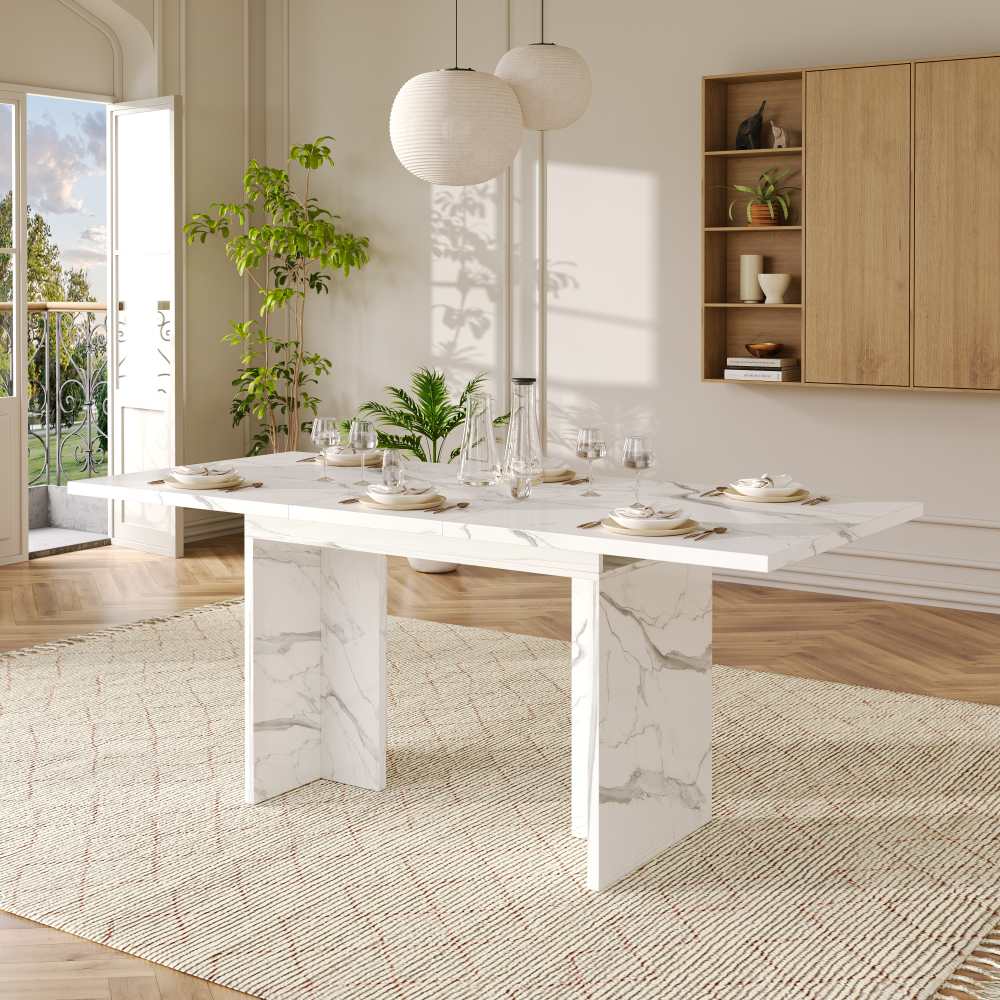 Rozkładany stół 140/180×80 cm – 6-8 miejsc, blat 30 mm, nogi w kształcie litery T, schowek pod stołem – nowoczesny design