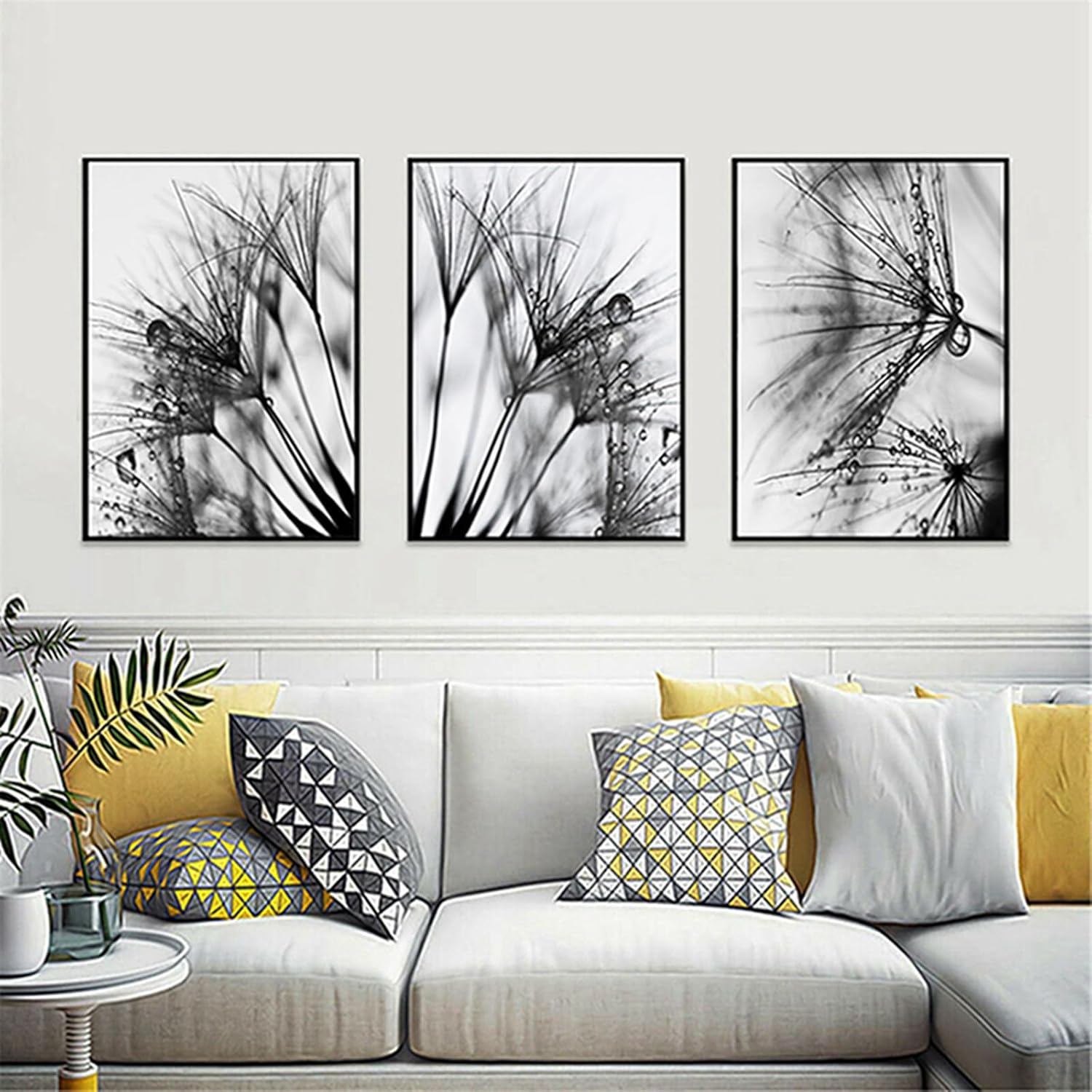 Zestaw 3 obrazów na płótnie – Czarno-biały – Kwiaty mniszka lekarskiego – Dekoracja do salonu i sypialni – Bez ramy – B, 40 x 60 cm
