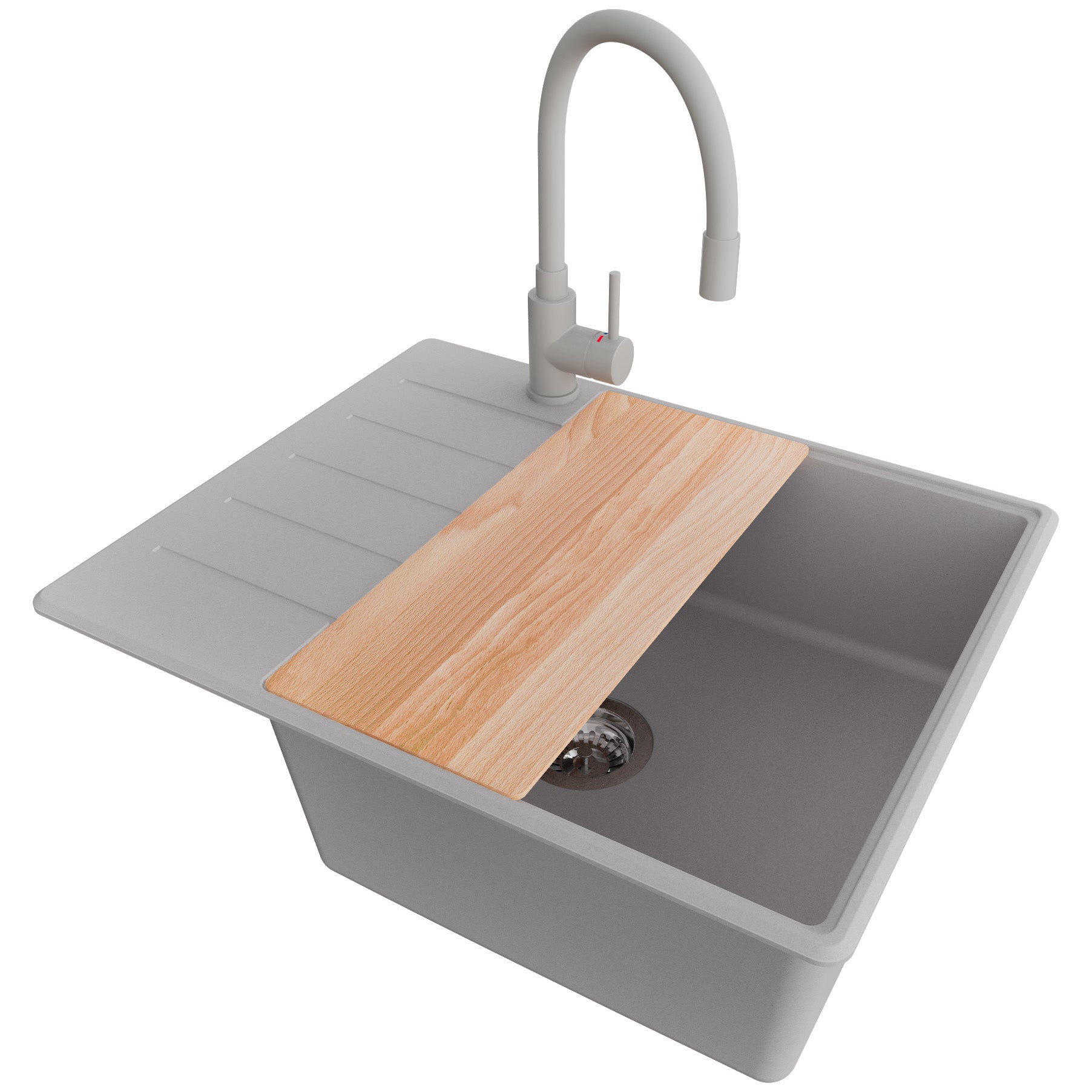 Zlewozmywak Granitowy Szary 62x50cm, Zlew Kuchenny 1 Komorowy + Bateria 38x14cm + Syfon + Deska, Nablatowy do szafki od 50cm - Kopenhaga PRIMAGRAN