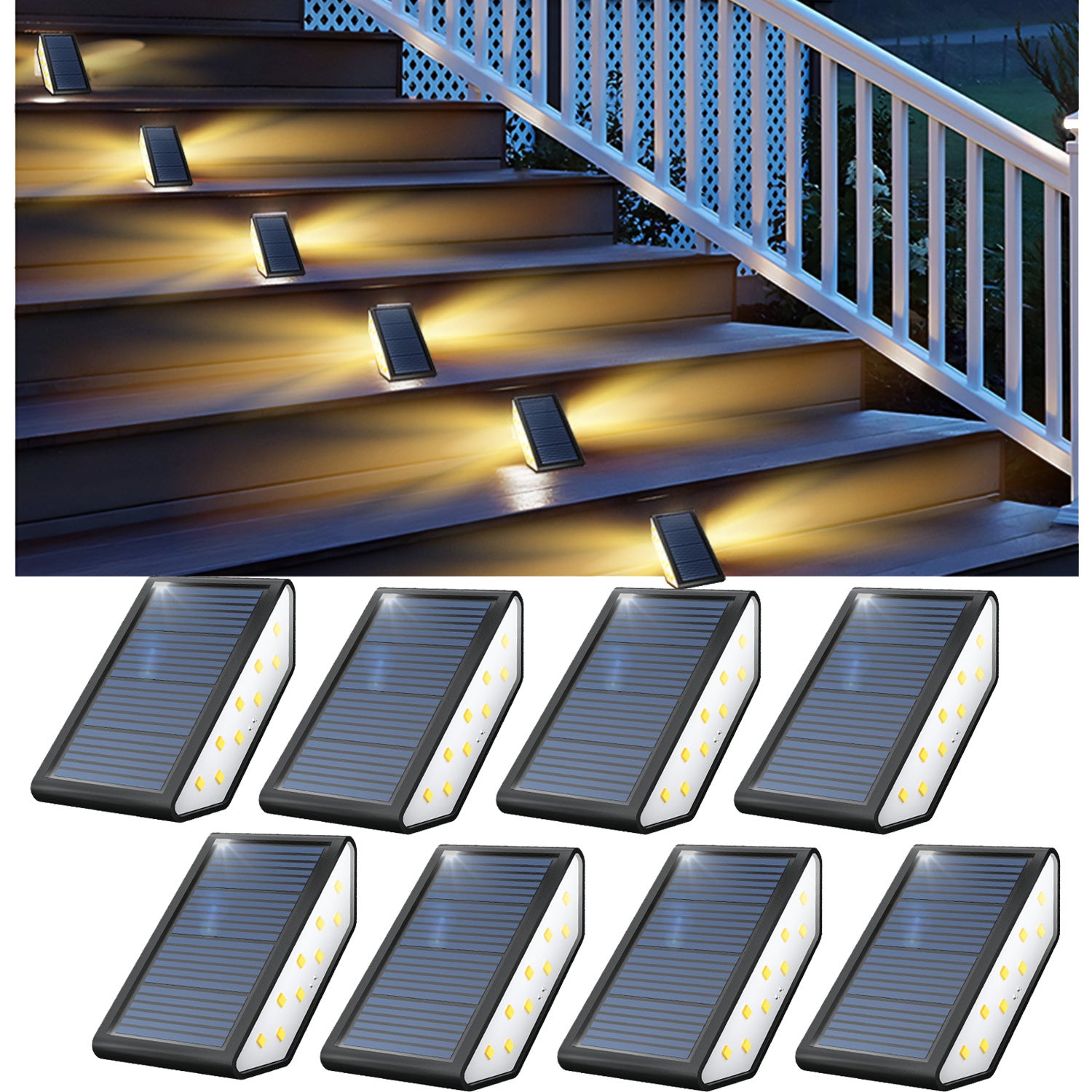 Zestaw solarnych lamp zewnętrznych do schodów światło białe ciepłe wodoszczelność automatyczne włączanie do patio na podwórko na ścieżkę na werandę