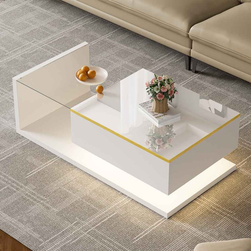 100 cm lakierowany stolik kawowy, szklany blat z efektem LED, miejsce do przechowywania i nowoczesny design