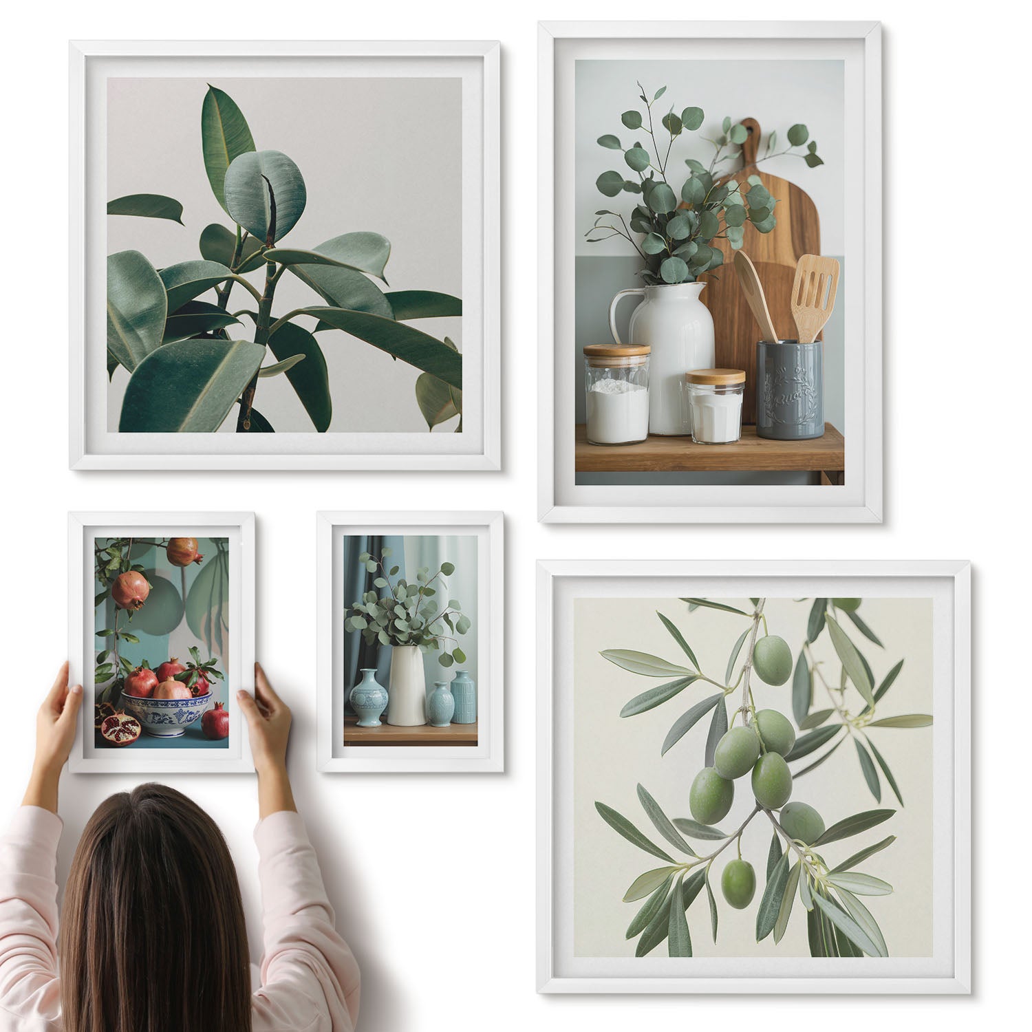 Galeria ścienna 5-częściowy komplet obrazów w białych ramach - Naturalne akcenty w stylu skandynawskim z roślinami - ArtPrintCave