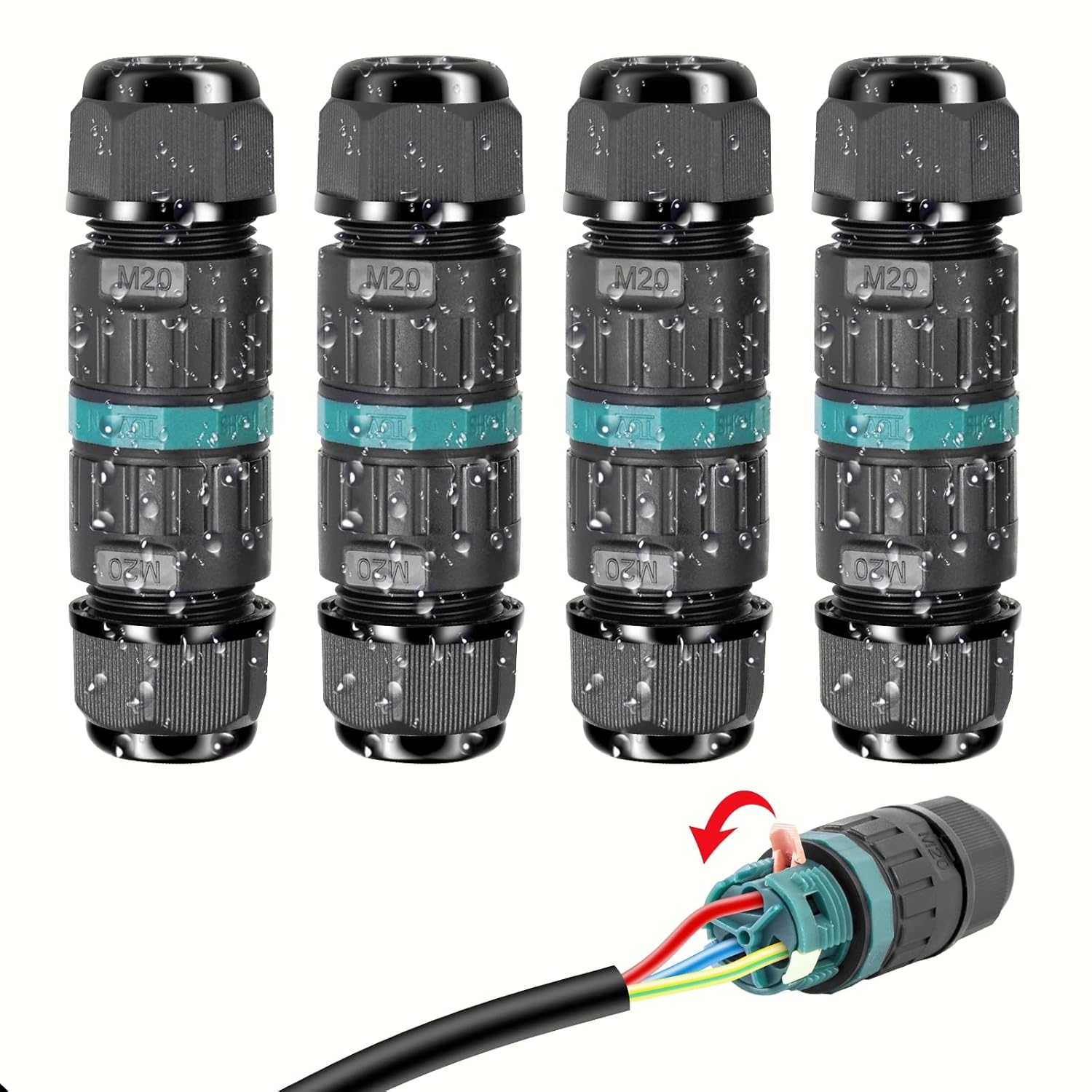 Wodoszczelne złącze elektryczne IP68 - Złączka kablowa 3-żyłowa Puszka przyłączeniowa zewnętrzna, do kabli Ø 5 do 12 mm (4 szt.)