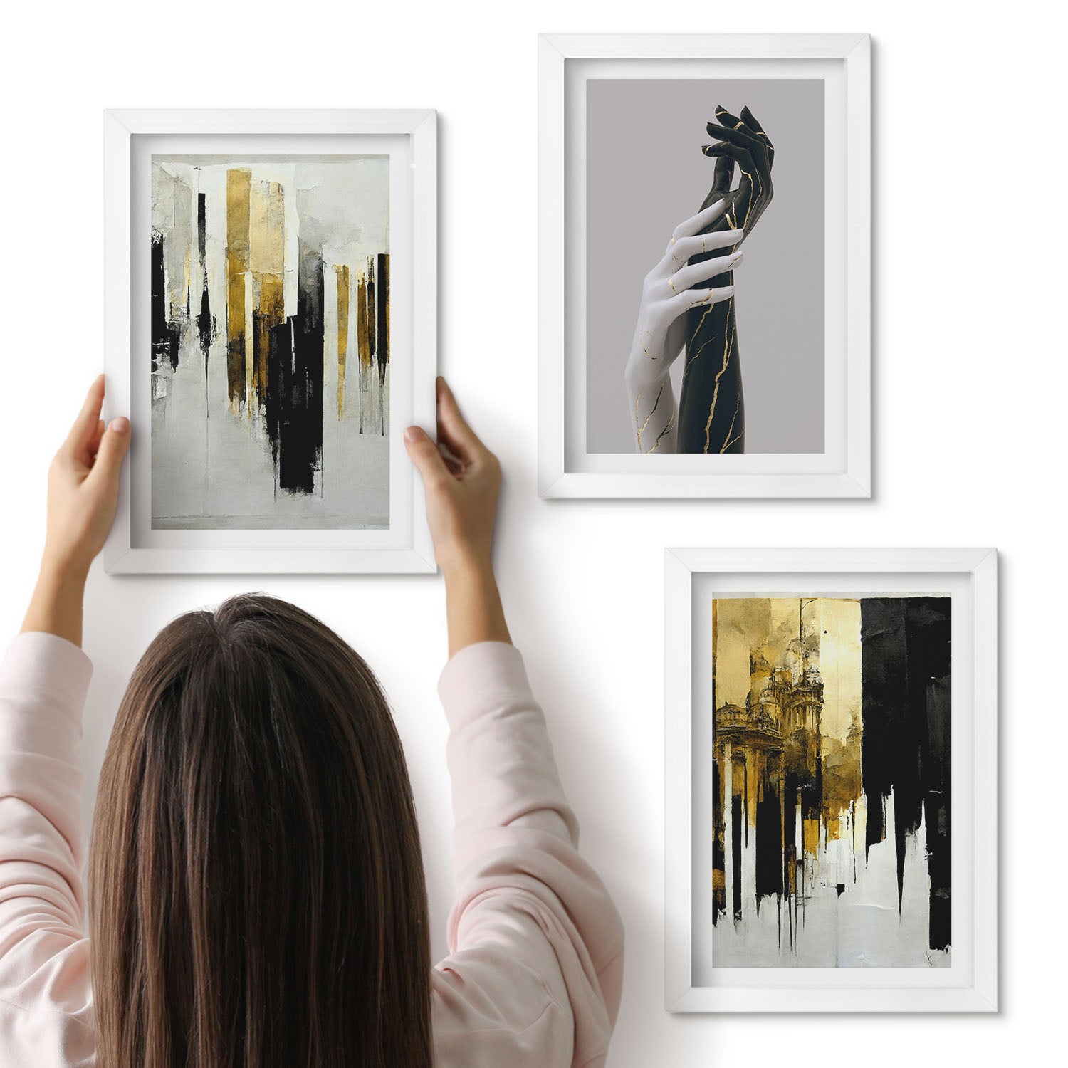 Galeria ścienna 3-częściowy komplet obrazów w białych ramach - Abstrakcyjne wzory malarskie i dwie ręce - ArtPrintCave