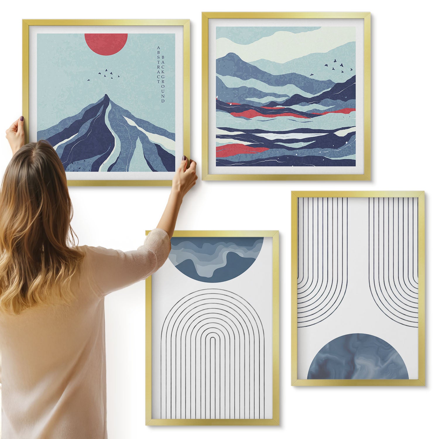 Galeria ścienna 4-częściowy komplet obrazów w złotych ramach - Abstrakcyjne wzory górskie pejzaże japandi - ArtPrintCave