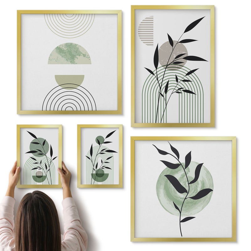 Galeria ścienna 5-częściowy komplet obrazów w złotych ramach - Stylowe grafiki z roślinnymi motywami i geometrycznymi kształtami - ArtPrintCave