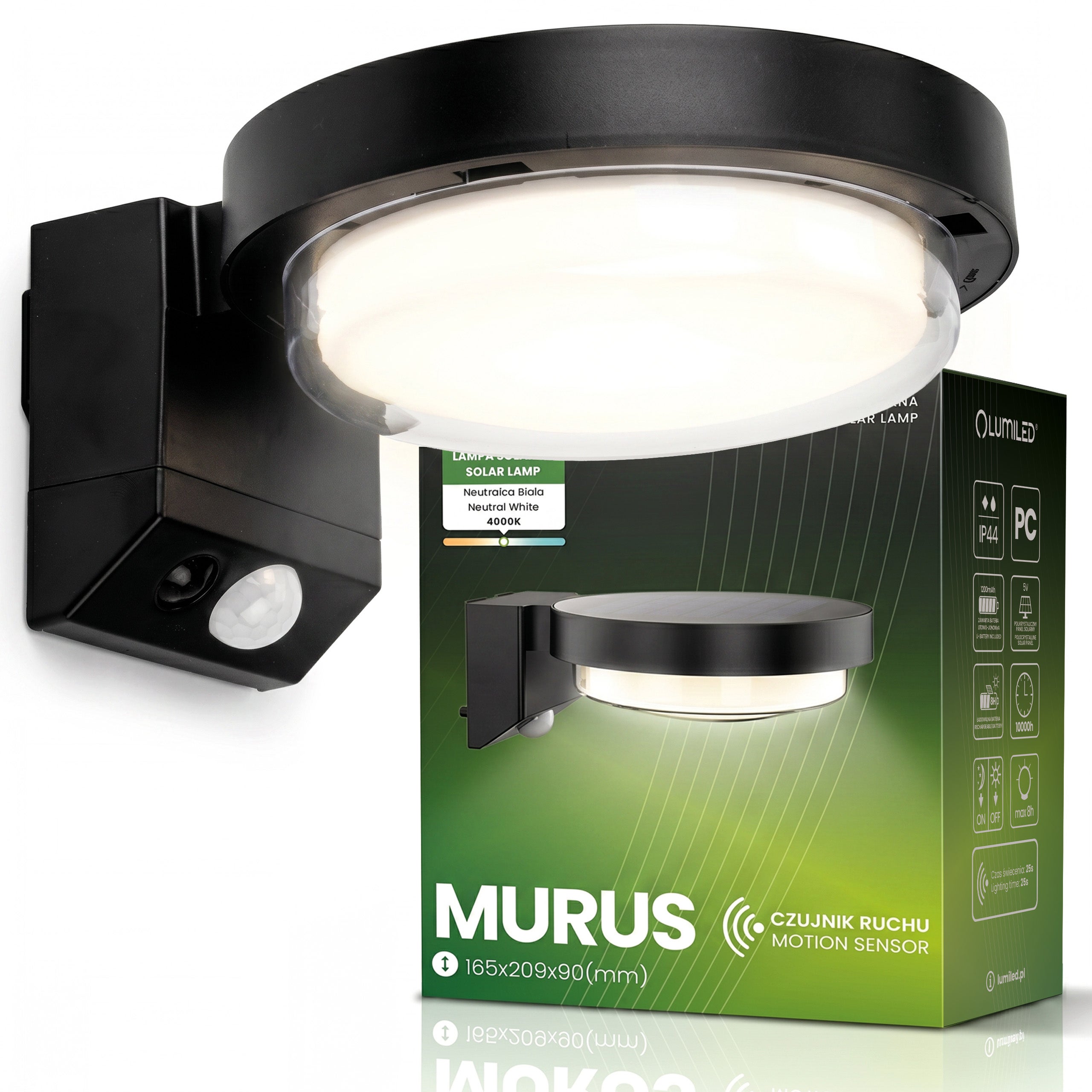Kinkiet Solarny Lampa Elewacyjna LED MURUS Natynkowa Czujnik Ruchu i Zmierzchu 4000K Neutralna biel Lumiled
