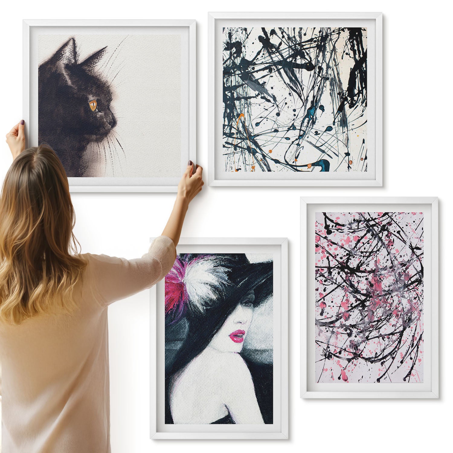 Galeria ścienna 4-częściowy komplet obrazów w białych ramach - Abstrakcyjne wzory farb kobieta w kapeluszu kot - ArtPrintCave