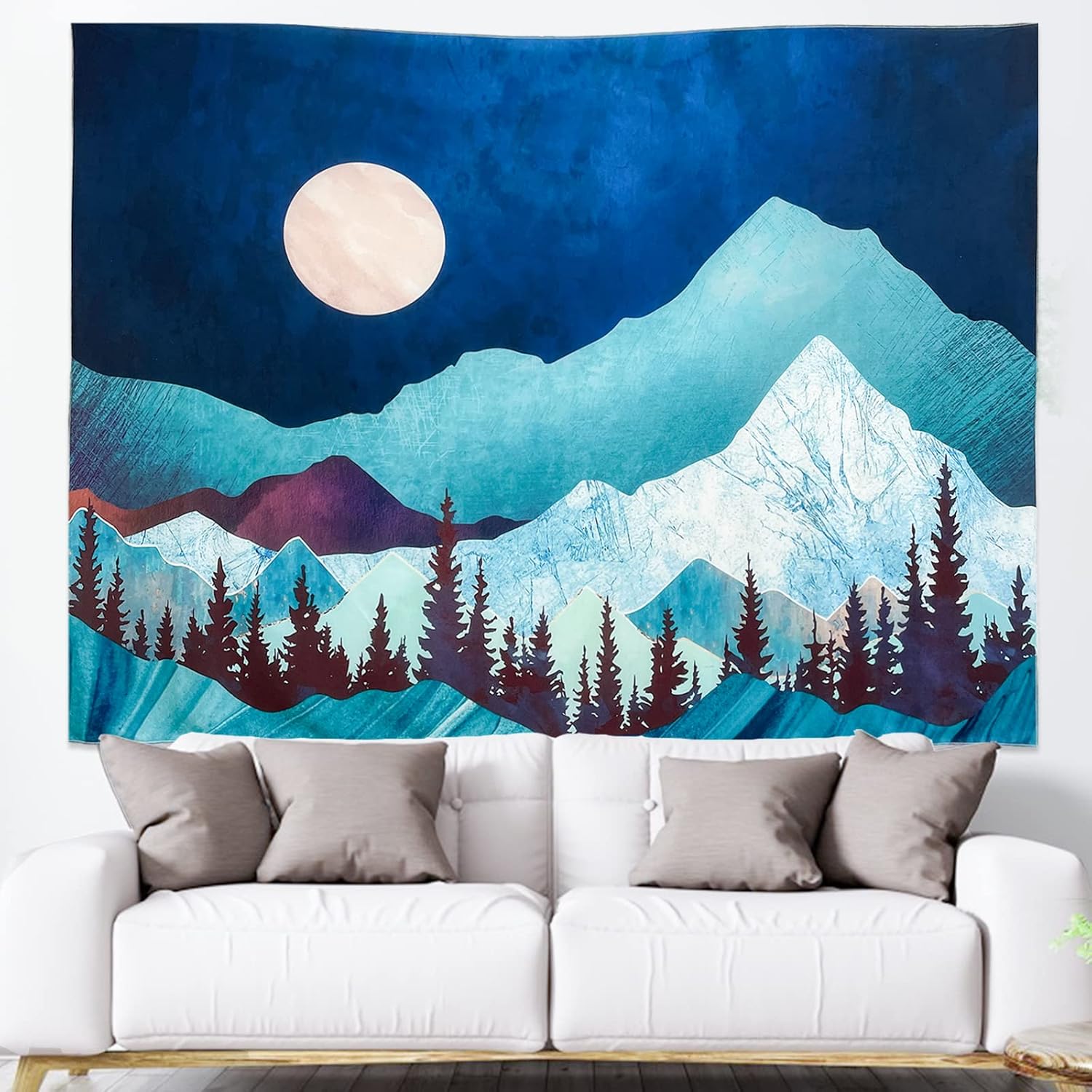 Estetyczny gobelin mały nocny księżyc natury, dekoracyjny gobelin codzienny górski wiosenny gobelin pionowy wiszący do (130 x 150 cm)