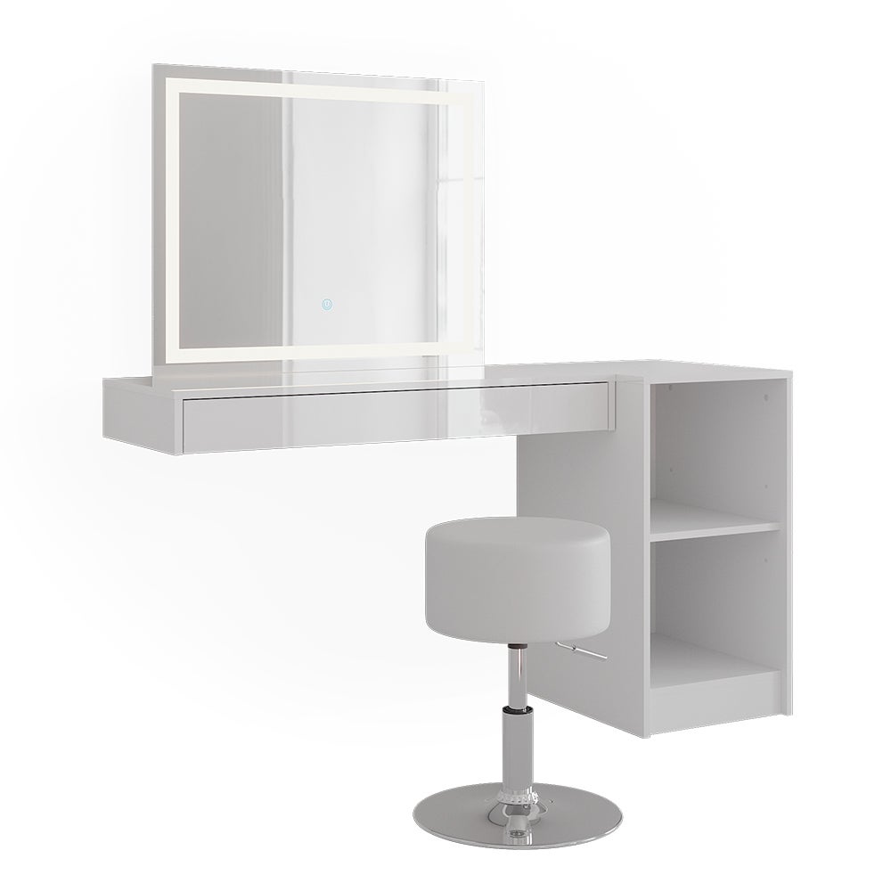 Vicco Stół do toalety Sherry, Biały, 140.2 cm z lustrem LED, taboretem i otwartym regałem