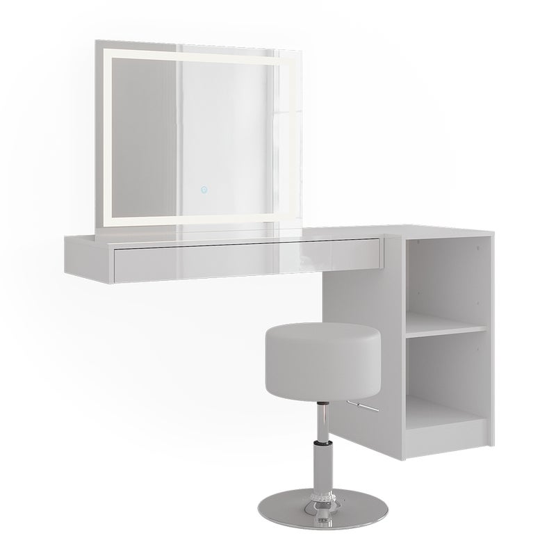 Vicco Stół do toalety Sherry, Biały, 140.2 cm z lustrem LED, taboretem i otwartym regałem