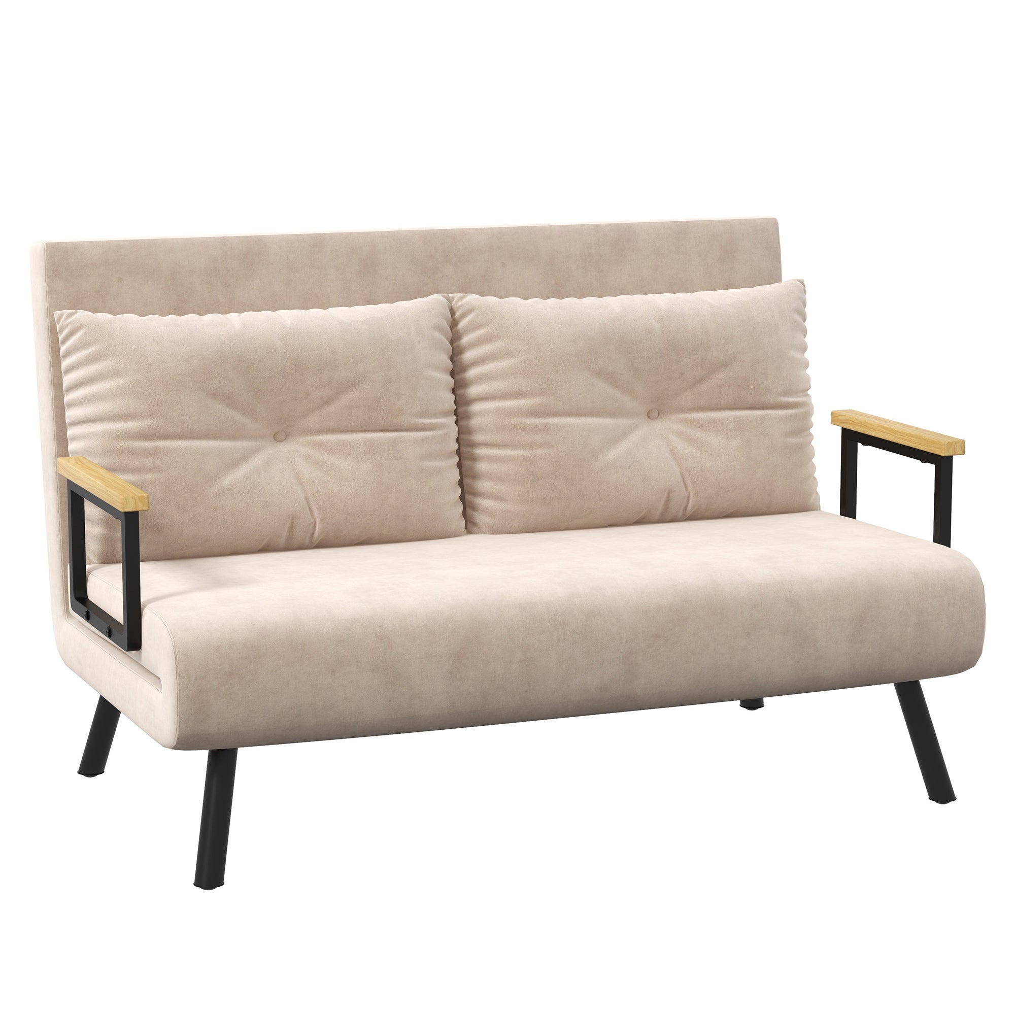 Dwuosobowa sofa welurowa z funkcją spania, w komplecie dwie poduszki, wygląd aksamitu, kolor naturalny + beż + czarny